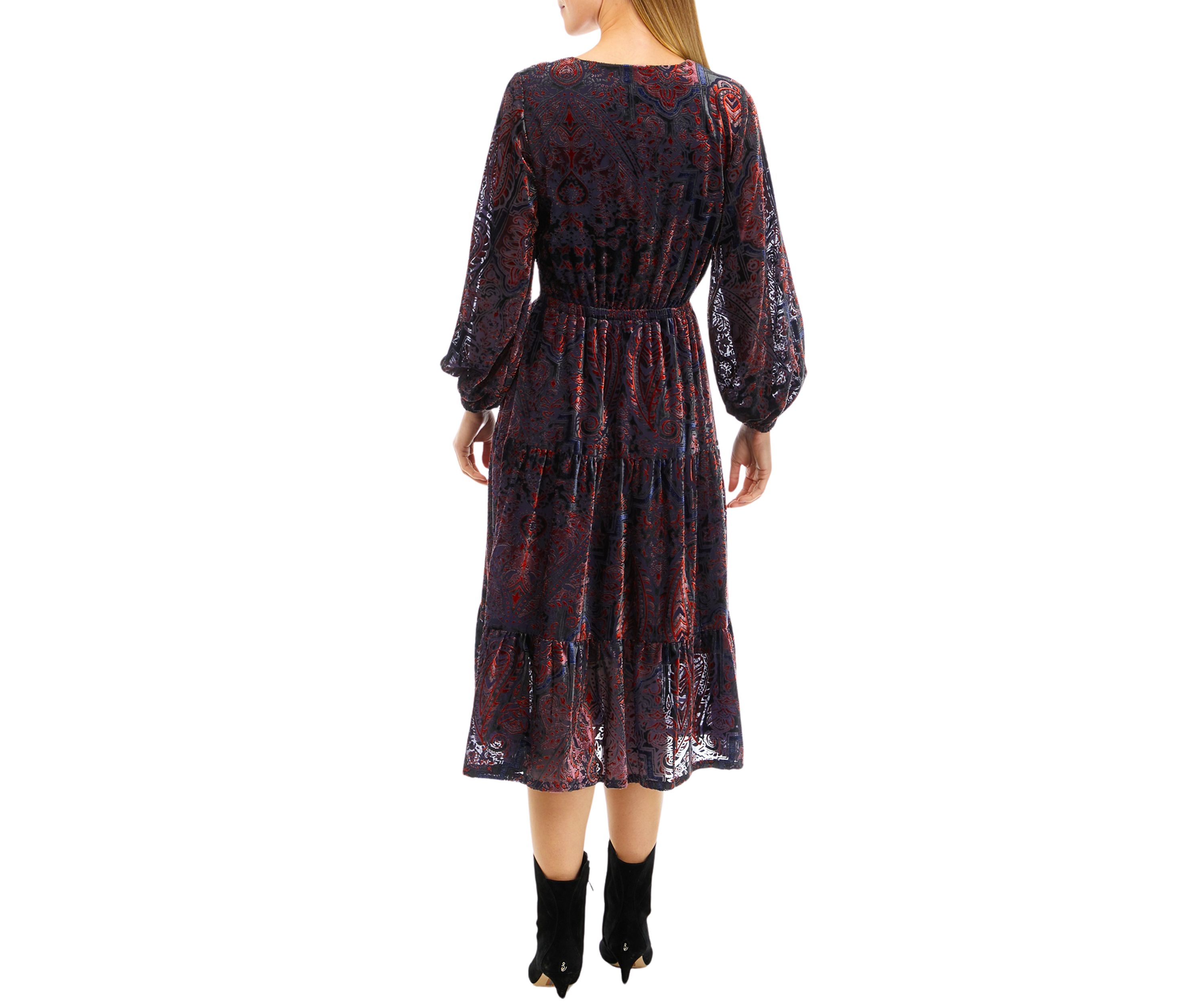 Womens Long Sleeve V-Neck Paisley Print Midi Dress