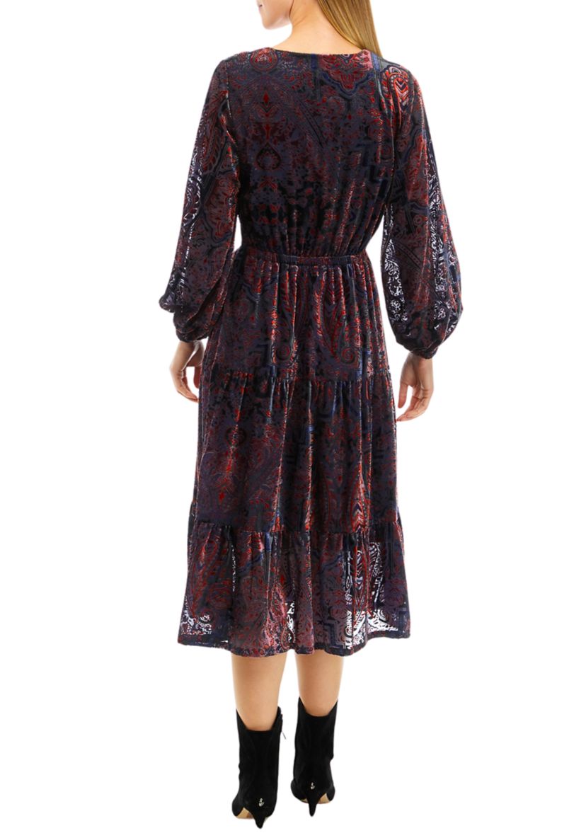 Womens Long Sleeve V-Neck Paisley Print Midi Dress