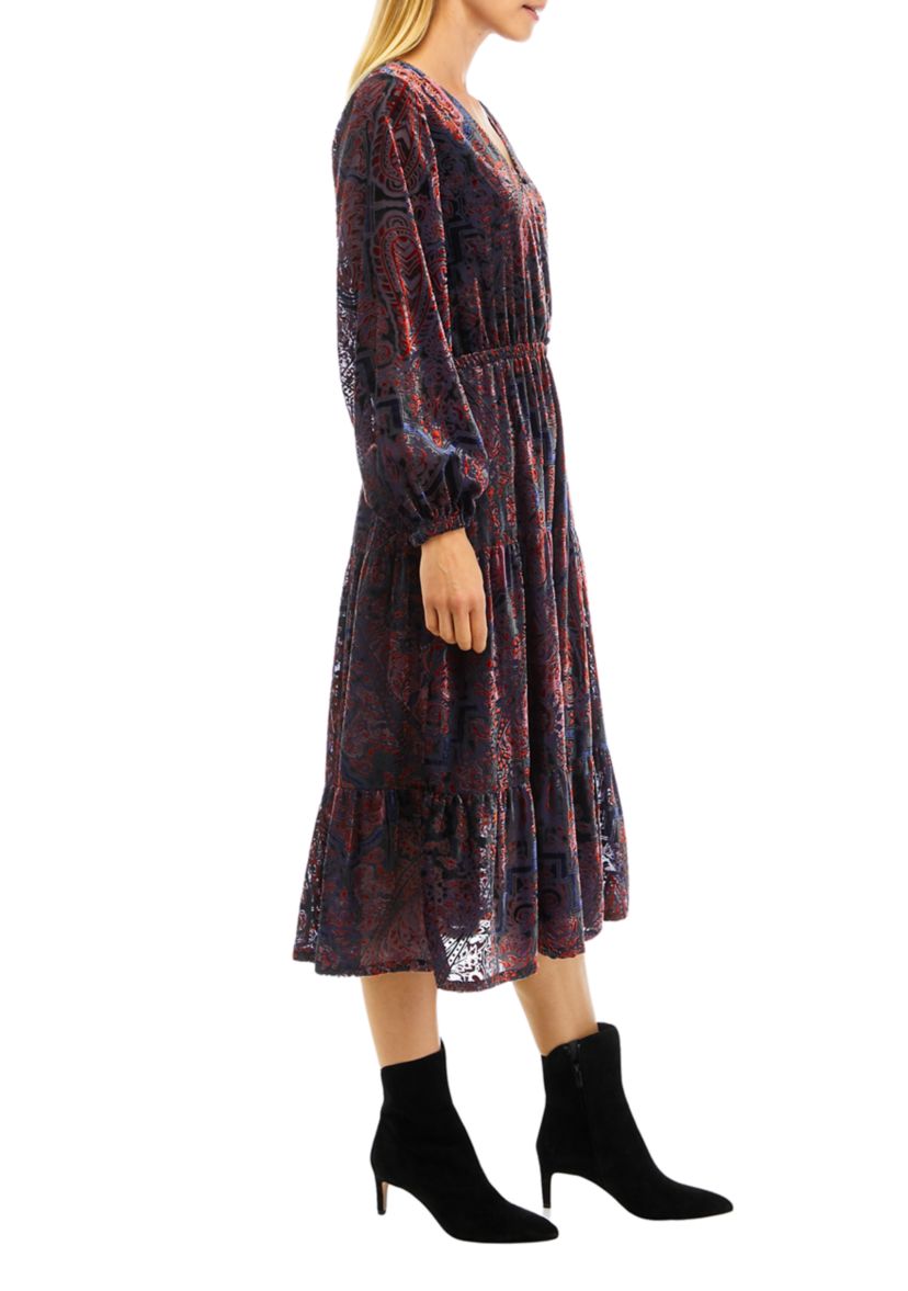 Womens Long Sleeve V-Neck Paisley Print Midi Dress