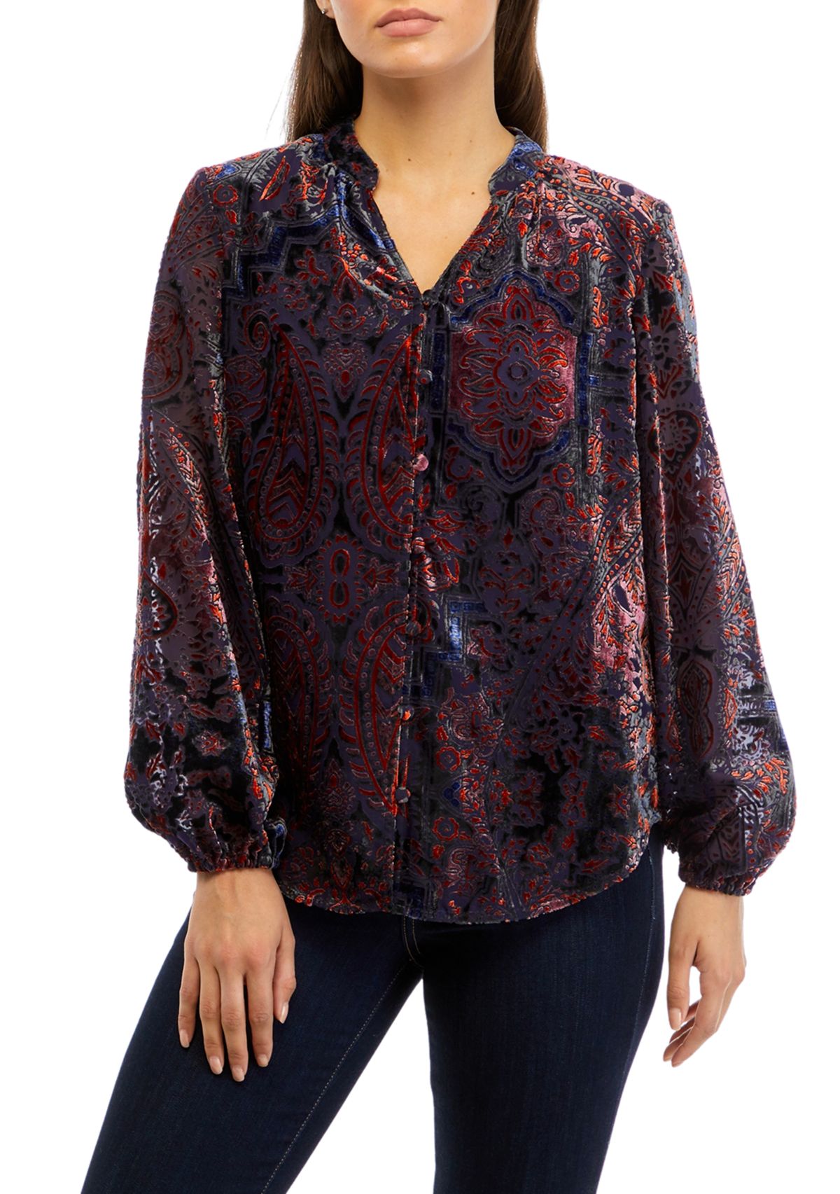 Petite Long Sleeve Split Neck Button Down Blouse