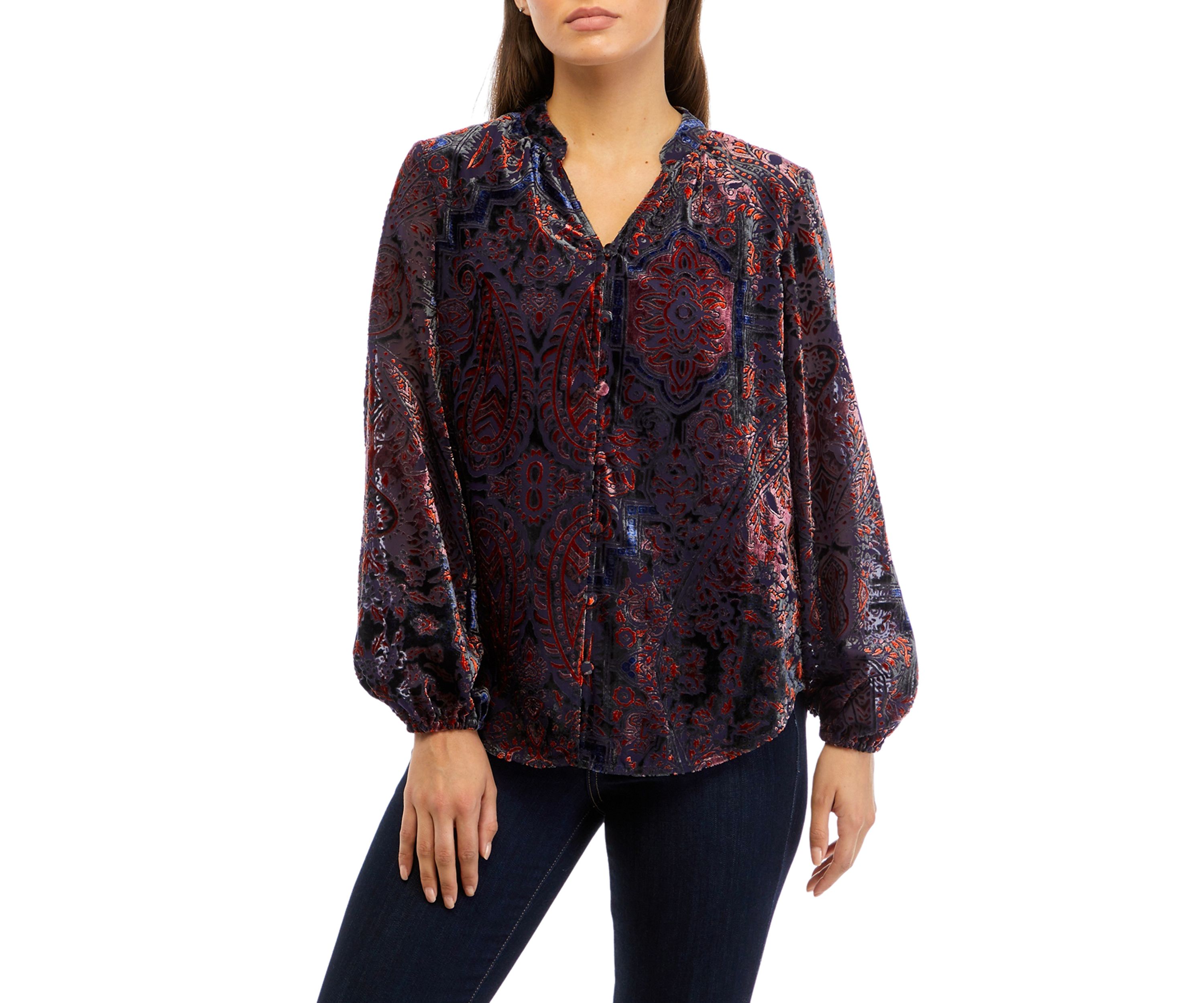 Petite Long Sleeve Split Neck Button Down Blouse