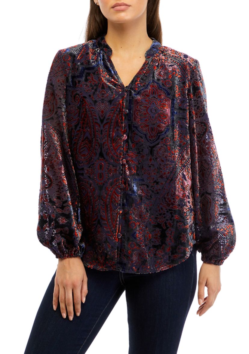 Petite Long Sleeve Split Neck Button Down Blouse