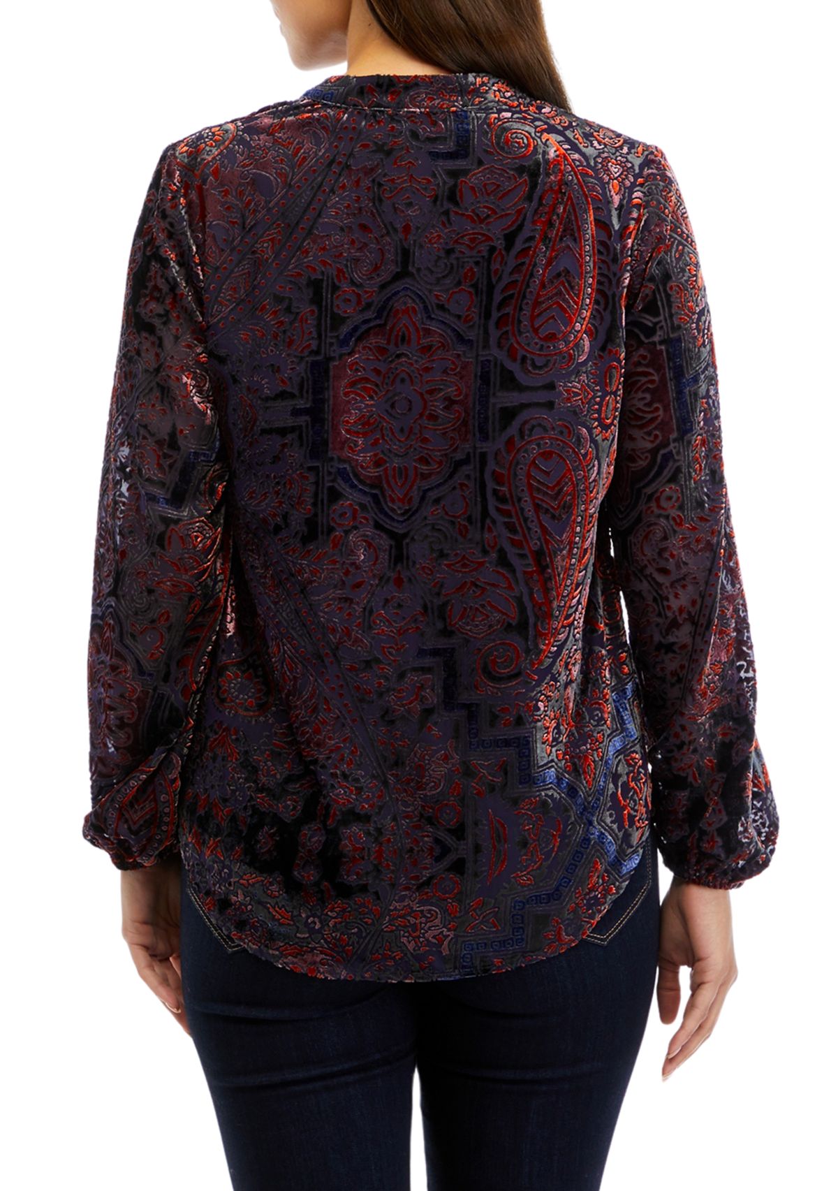 Petite Long Sleeve Split Neck Button Down Blouse