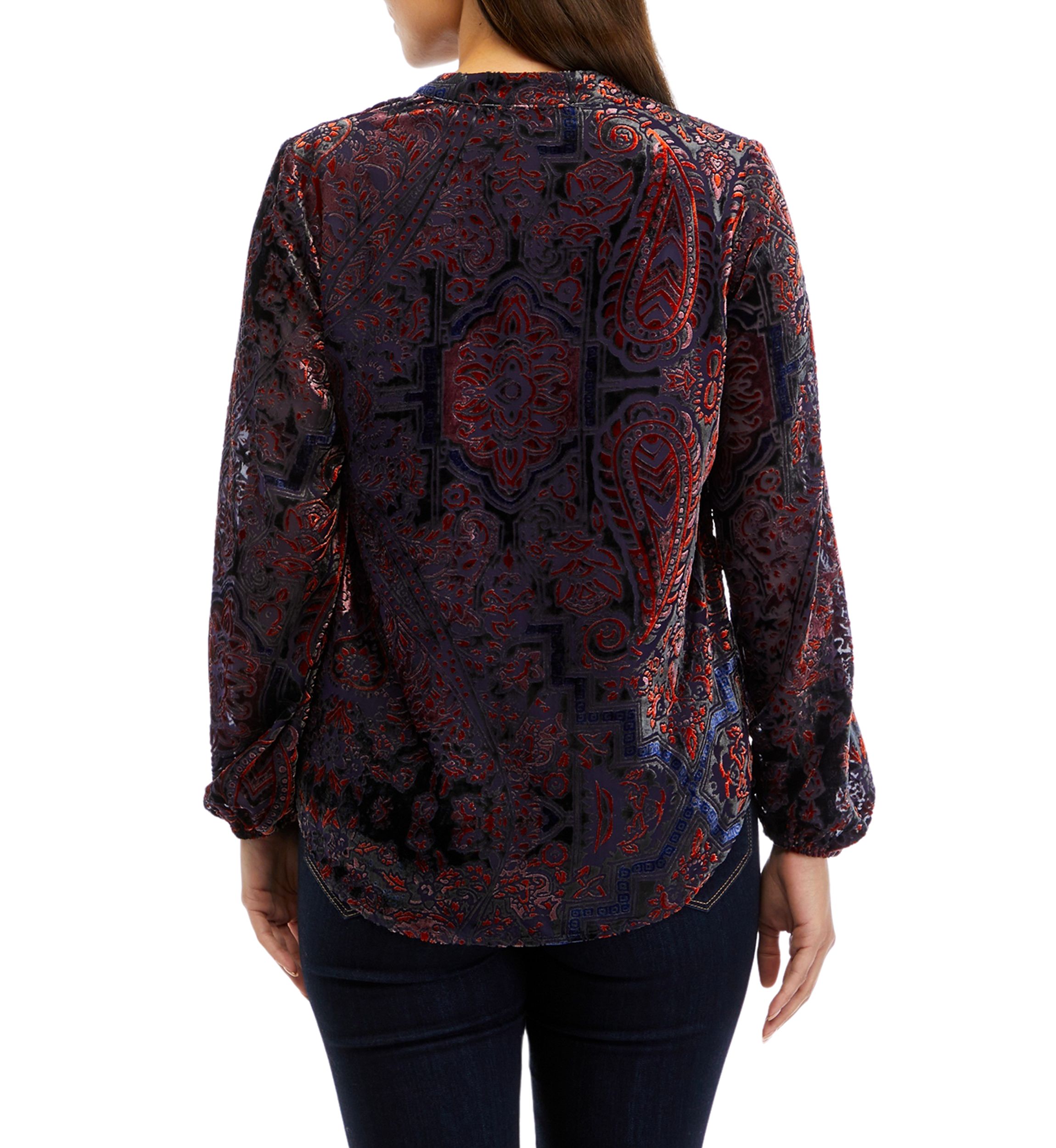 Petite Long Sleeve Split Neck Button Down Blouse