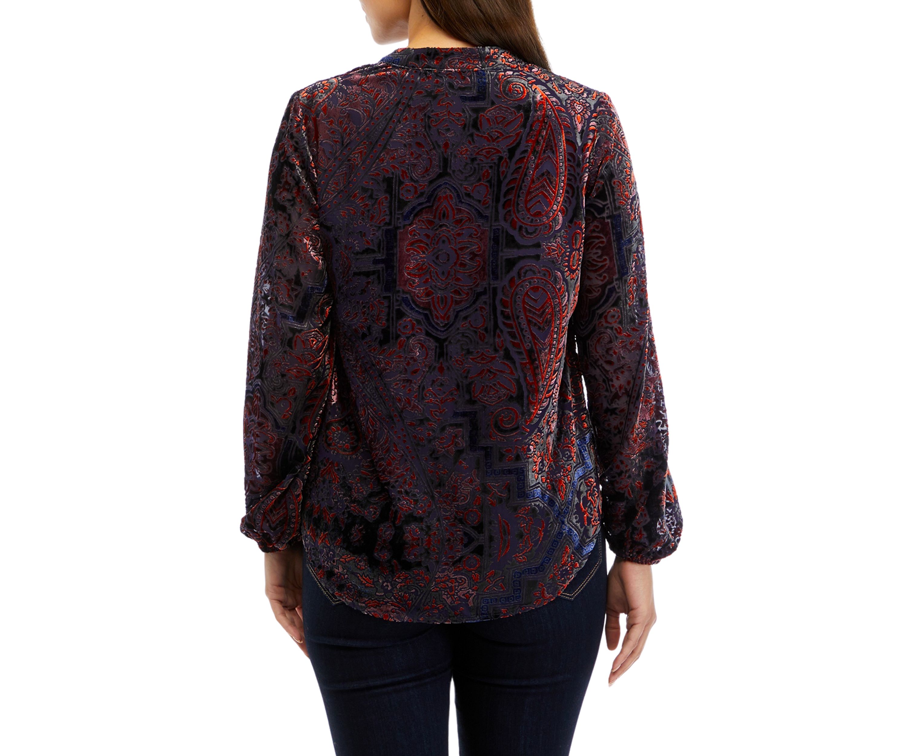 Petite Long Sleeve Split Neck Button Down Blouse