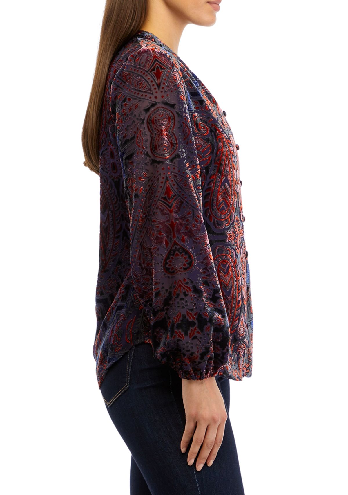 Petite Long Sleeve Split Neck Button Down Blouse