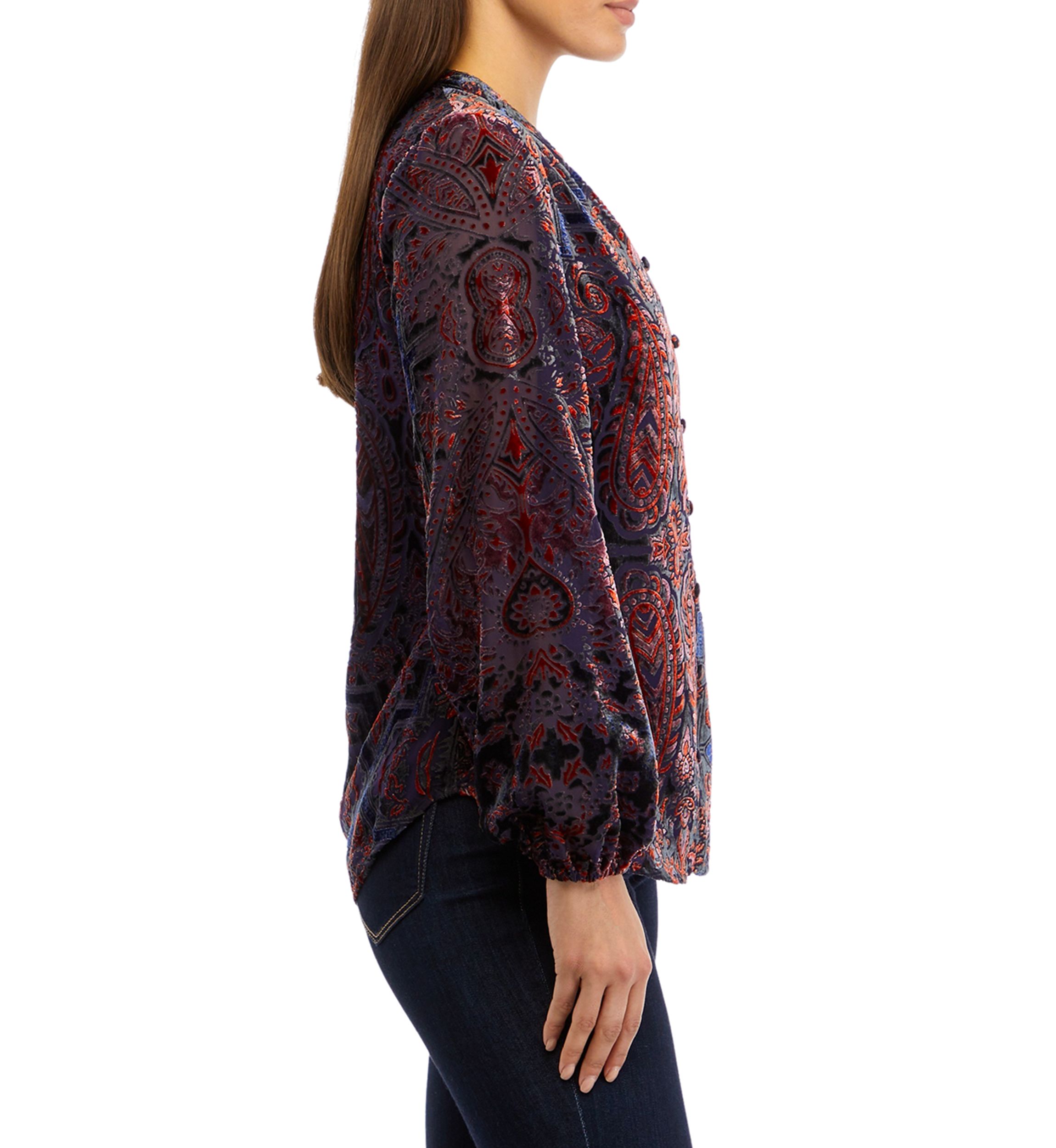 Petite Long Sleeve Split Neck Button Down Blouse