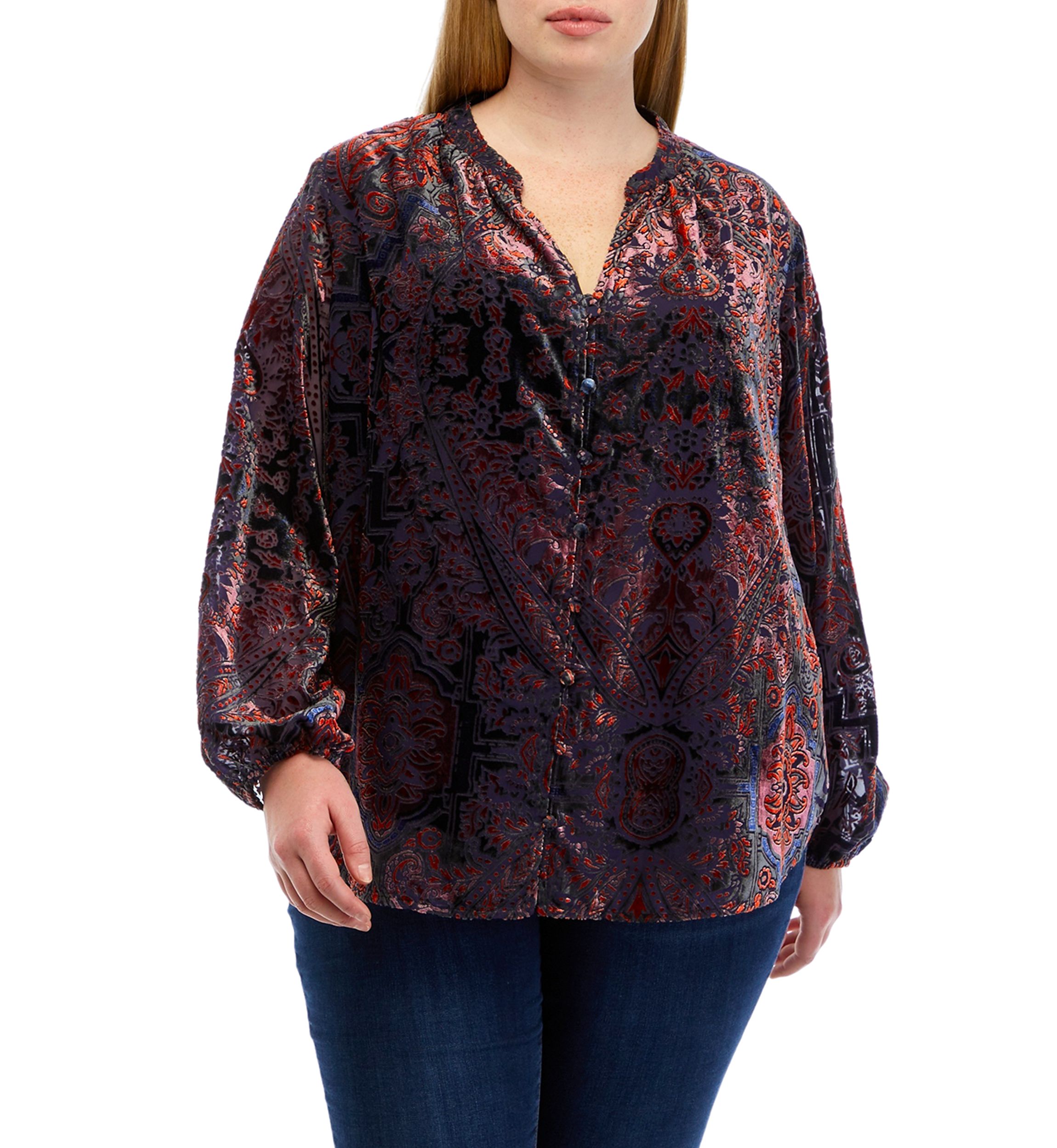 Plus Size Long Sleeve Split Neck Button Down Blouse