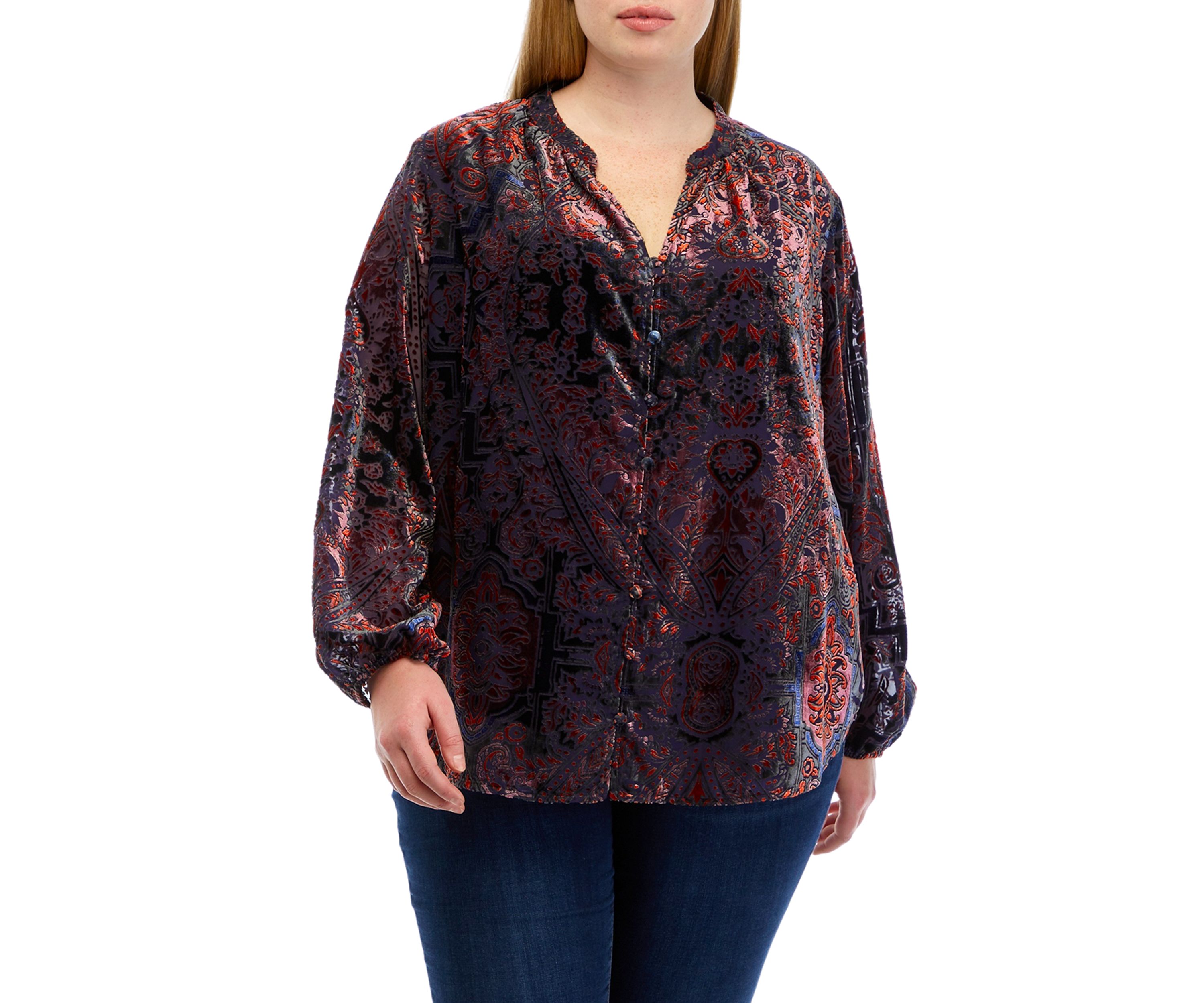 Plus Size Long Sleeve Split Neck Button Down Blouse