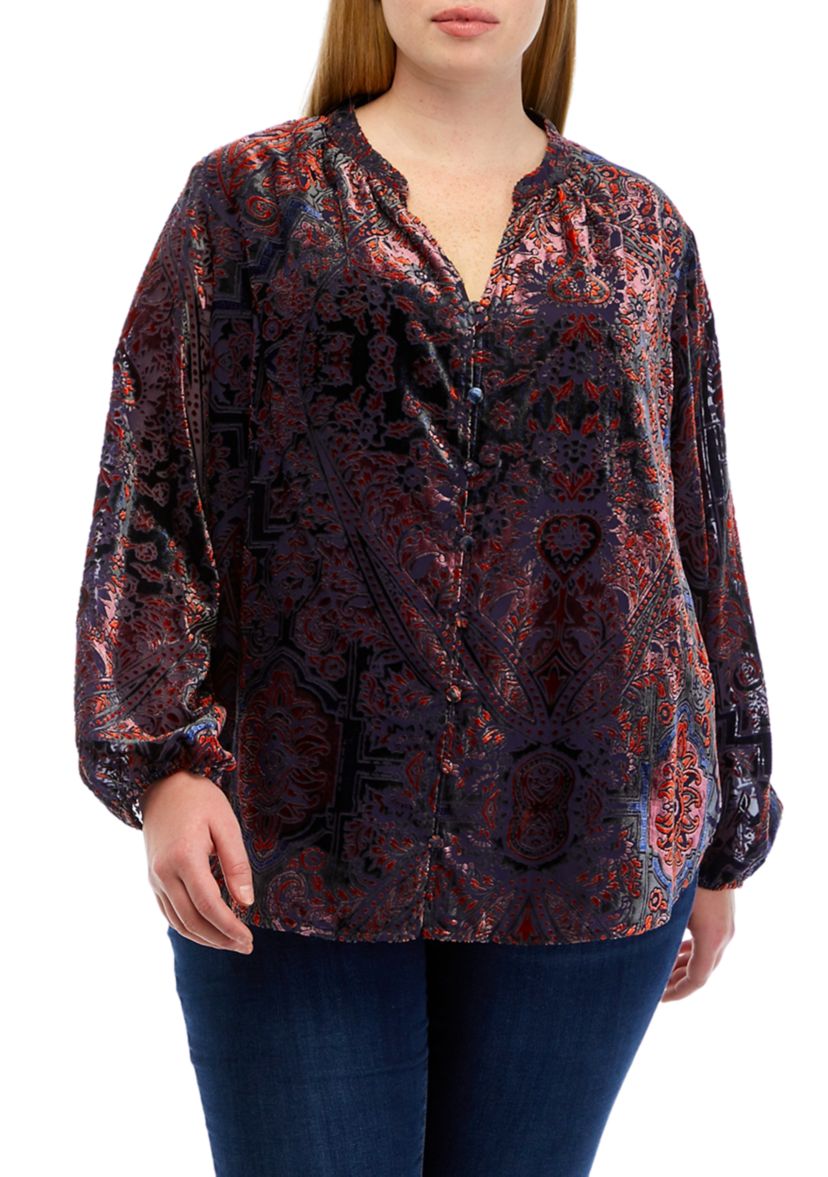 Plus Size Long Sleeve Split Neck Button Down Blouse