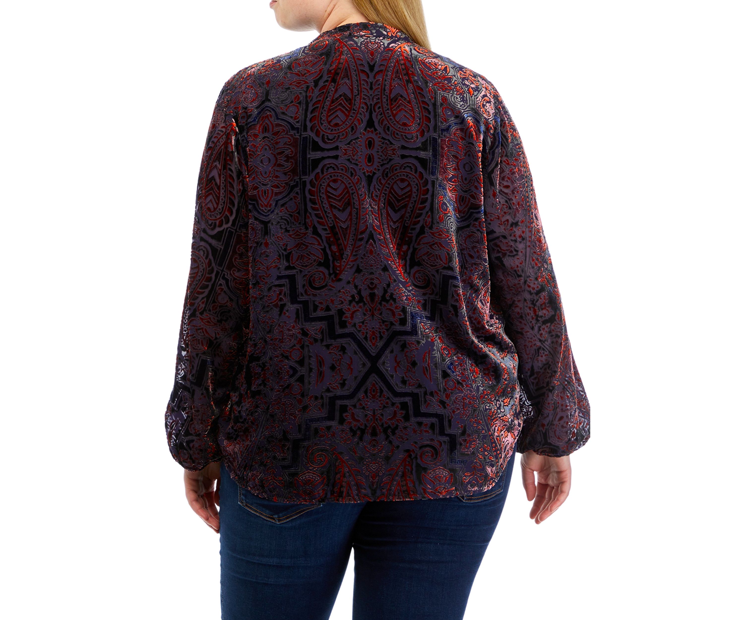 Plus Size Long Sleeve Split Neck Button Down Blouse