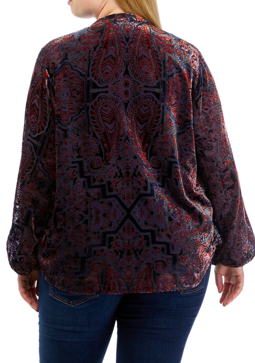 Plus Size Long Sleeve Split Neck Button Down Blouse
