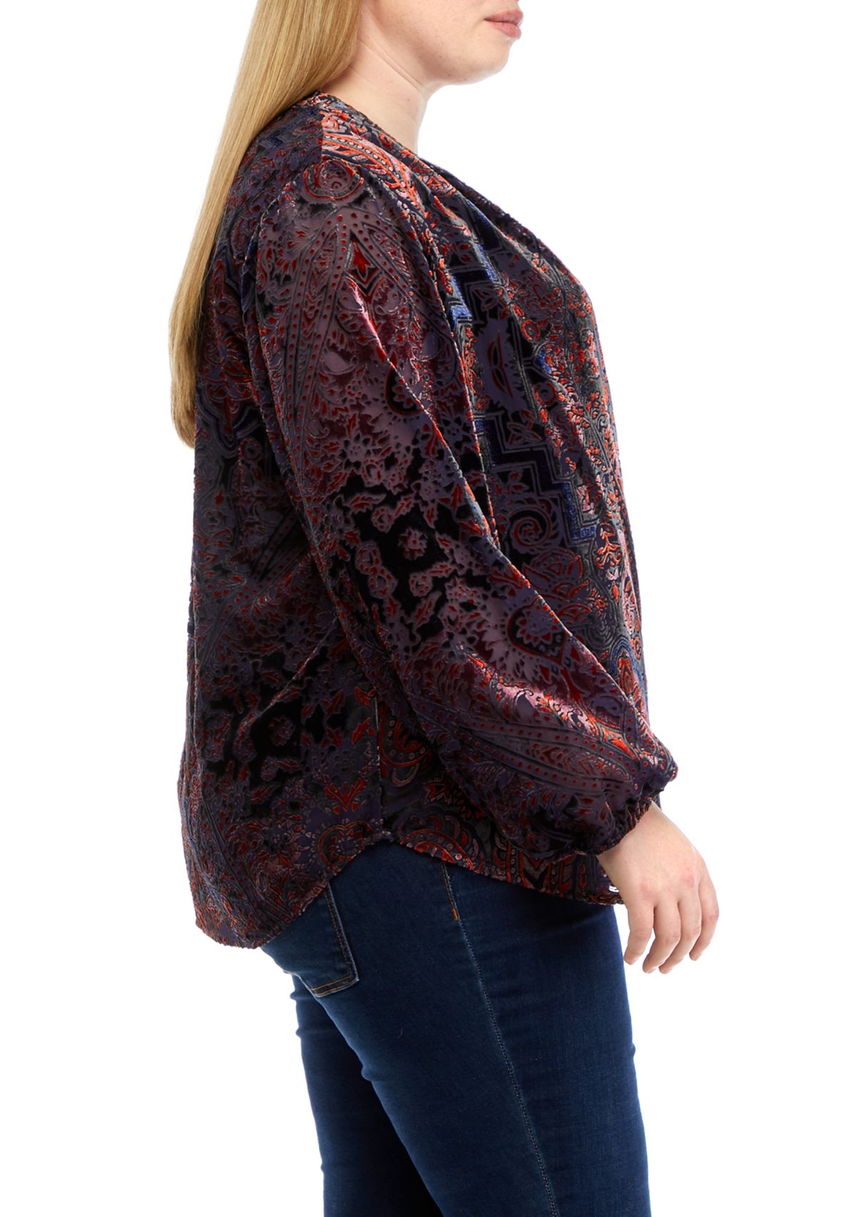 Plus Size Long Sleeve Split Neck Button Down Blouse