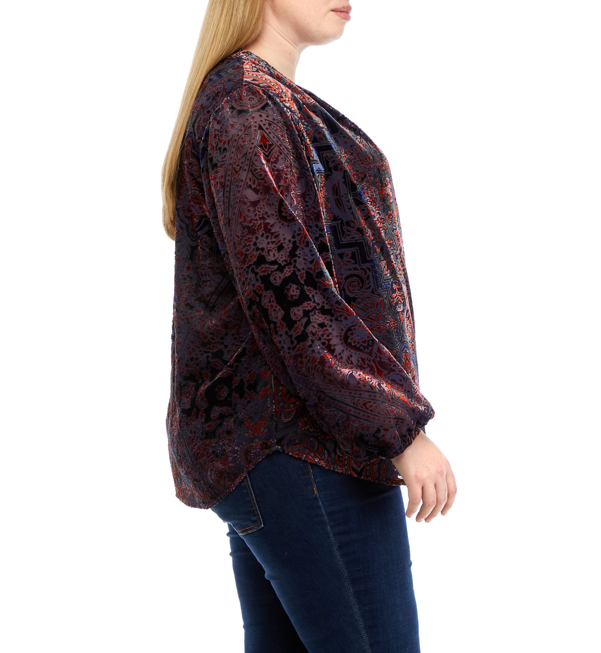 Plus Size Long Sleeve Split Neck Button Down Blouse