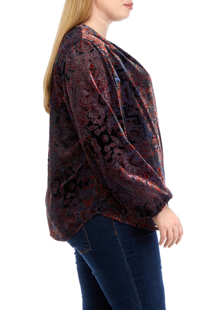 Plus Size Long Sleeve Split Neck Button Down Blouse