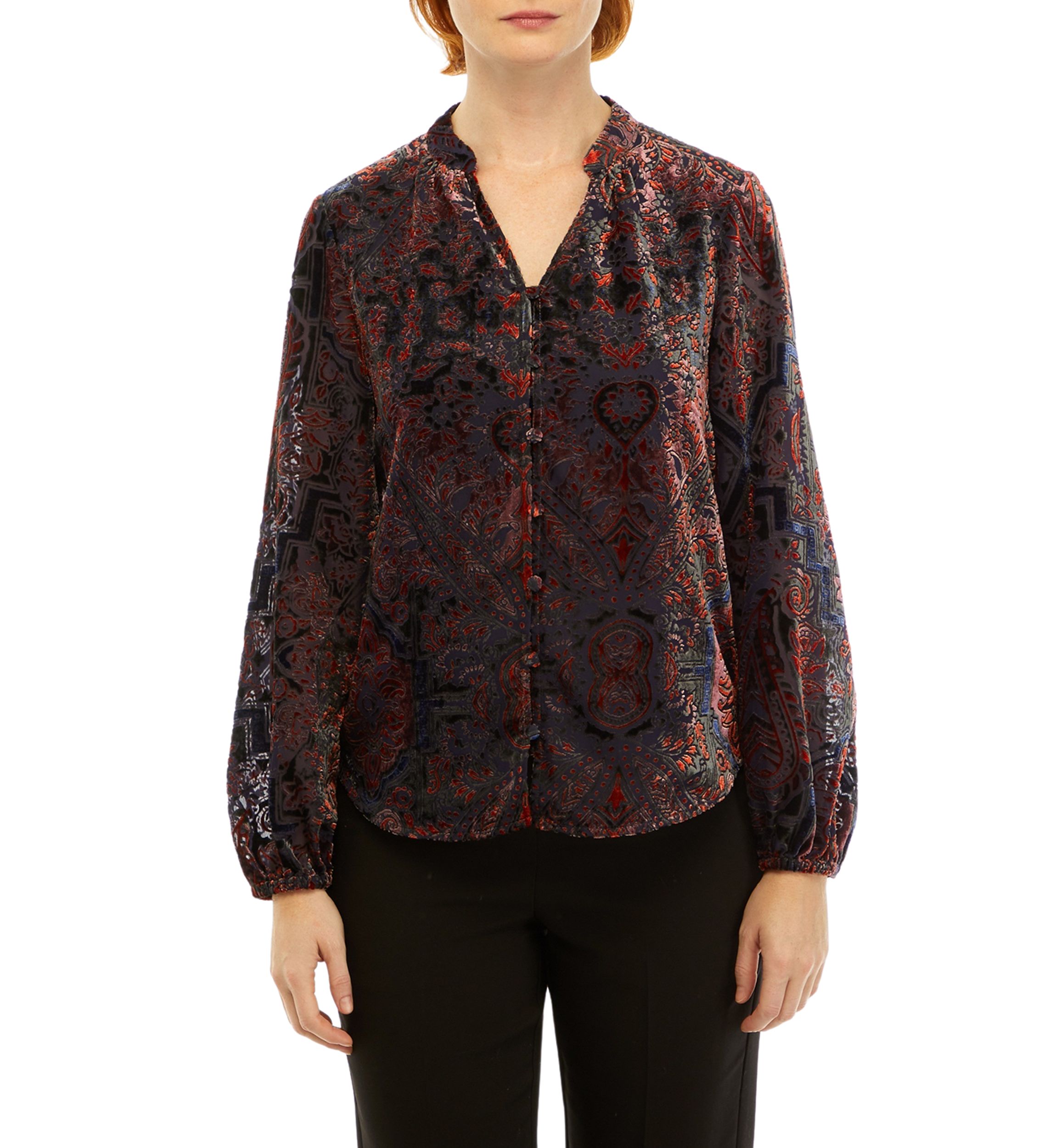 Womens Paisley Printed Burnout Blouse