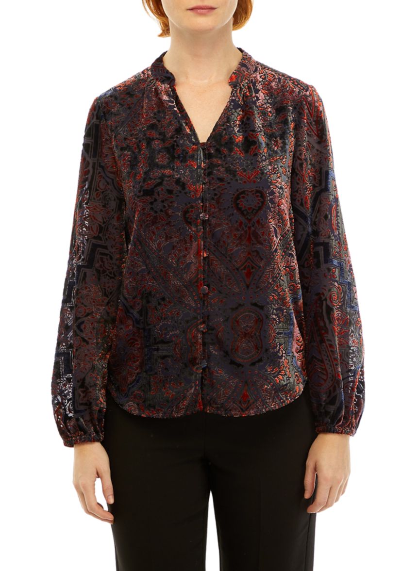 Womens Paisley Printed Burnout Blouse
