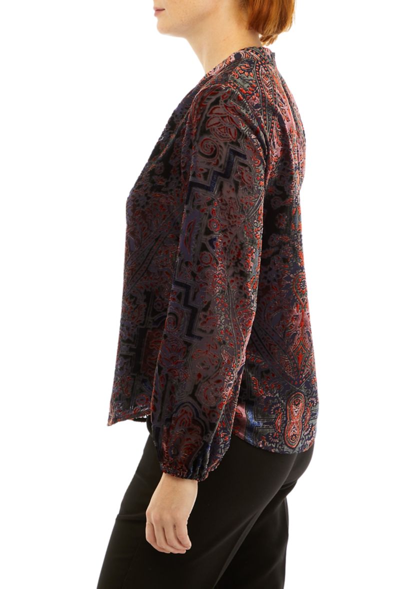 Womens Paisley Printed Burnout Blouse