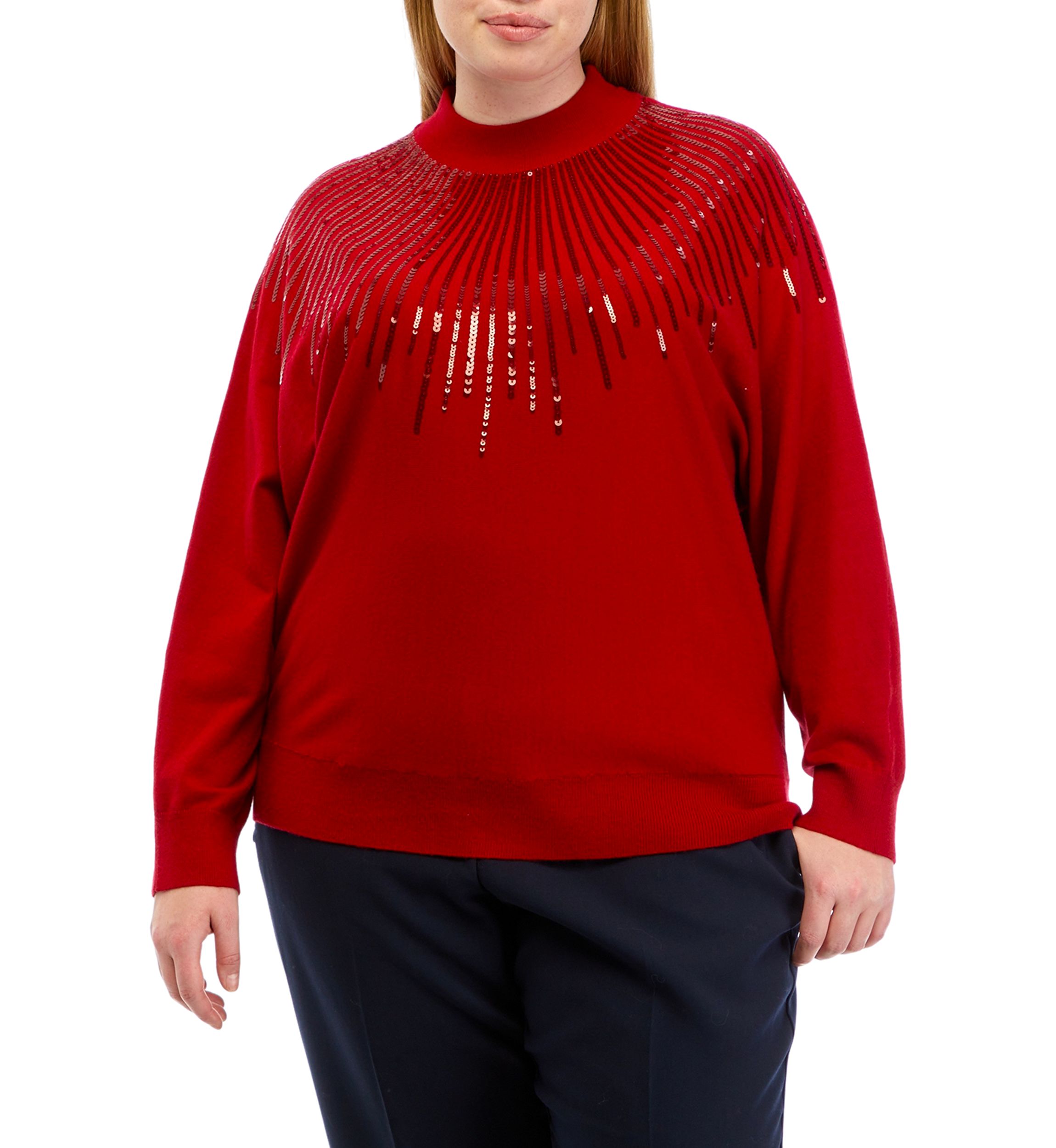 Plus Size Long Sleeve Mock Neck Sequin Yoke Jersey Sweater