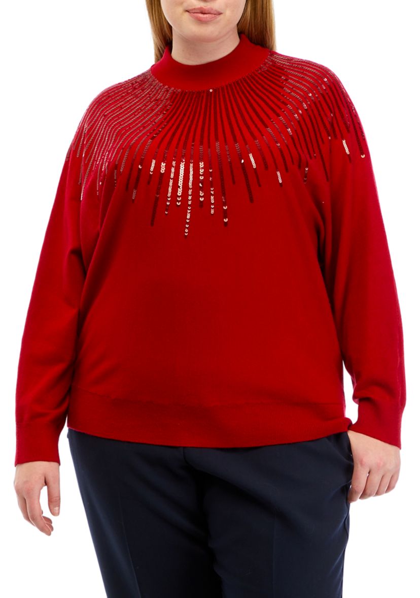 Plus Size Long Sleeve Mock Neck Sequin Yoke Jersey Sweater