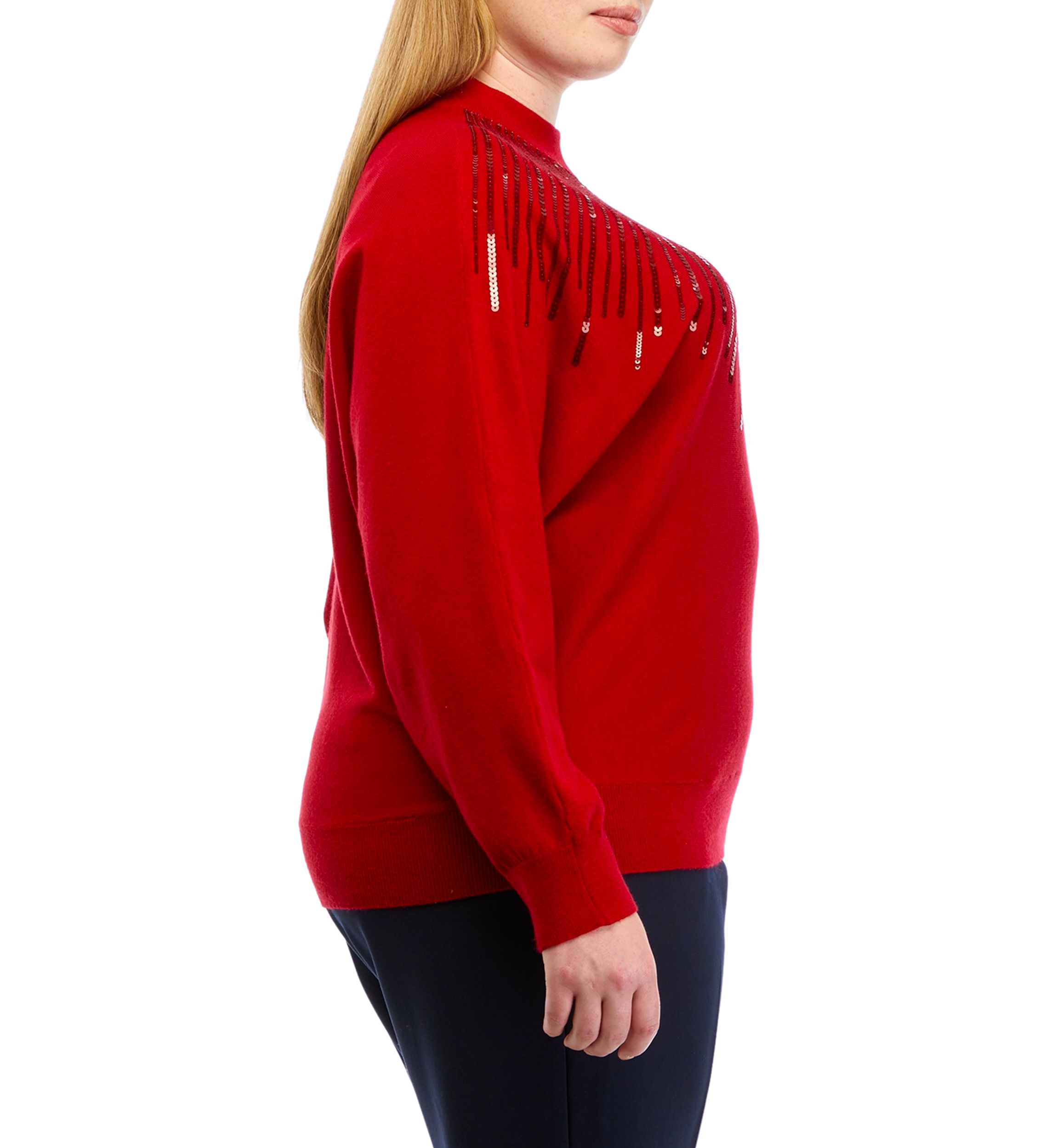 Plus Size Long Sleeve Mock Neck Sequin Yoke Jersey Sweater