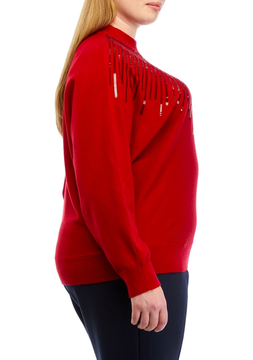 Plus Size Long Sleeve Mock Neck Sequin Yoke Jersey Sweater