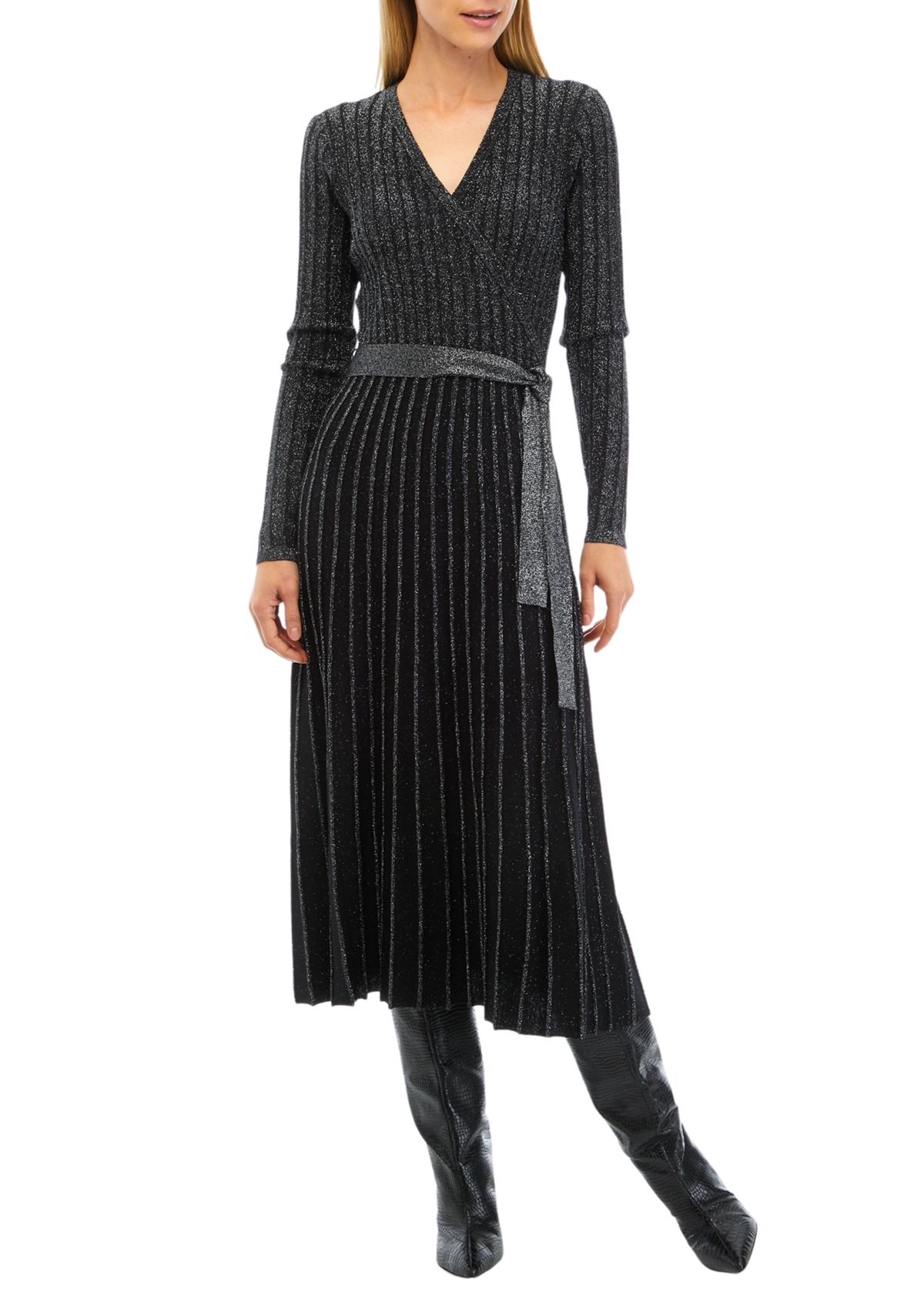 Womens Surplice Pleated Sweater Dress