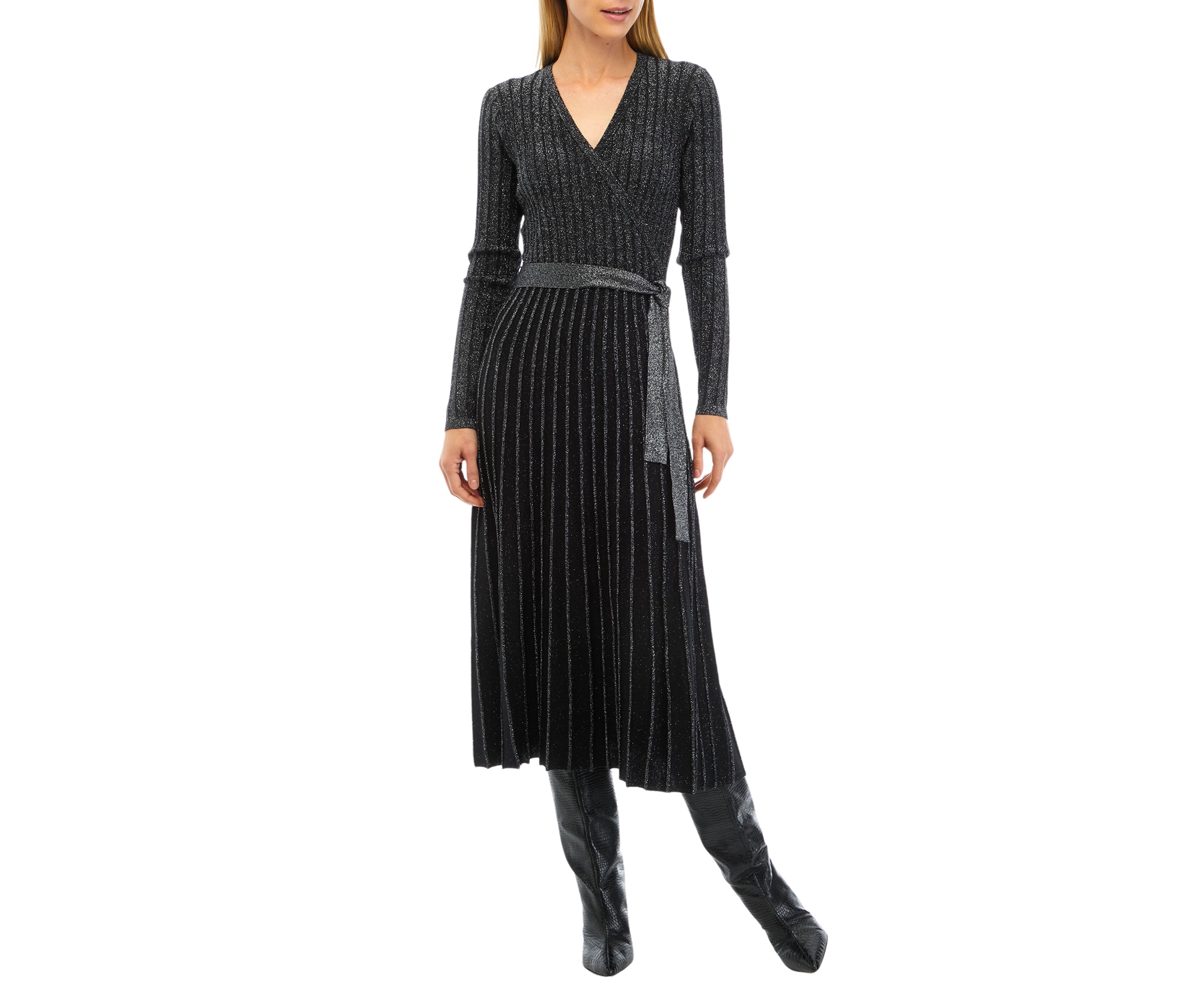 Womens Surplice Pleated Sweater Dress