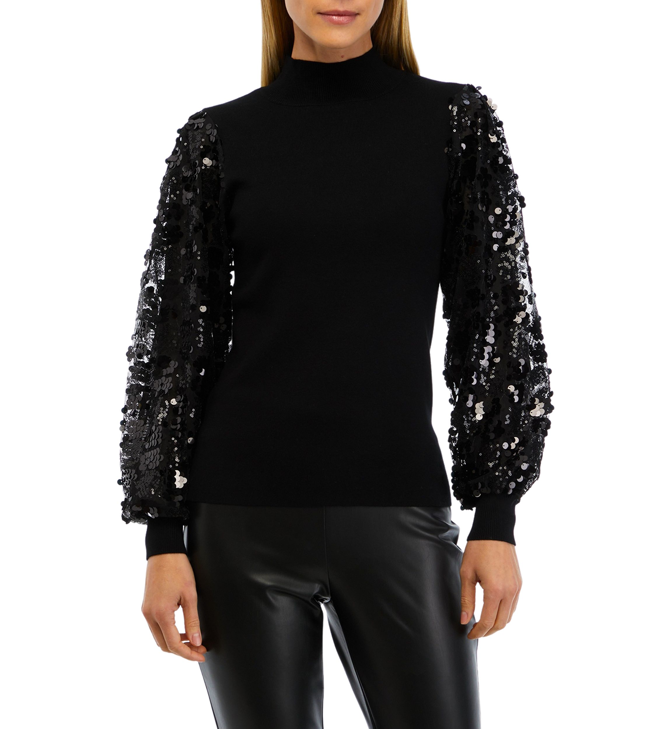 Womens Sequin Sleeve Mock Neck Sweater