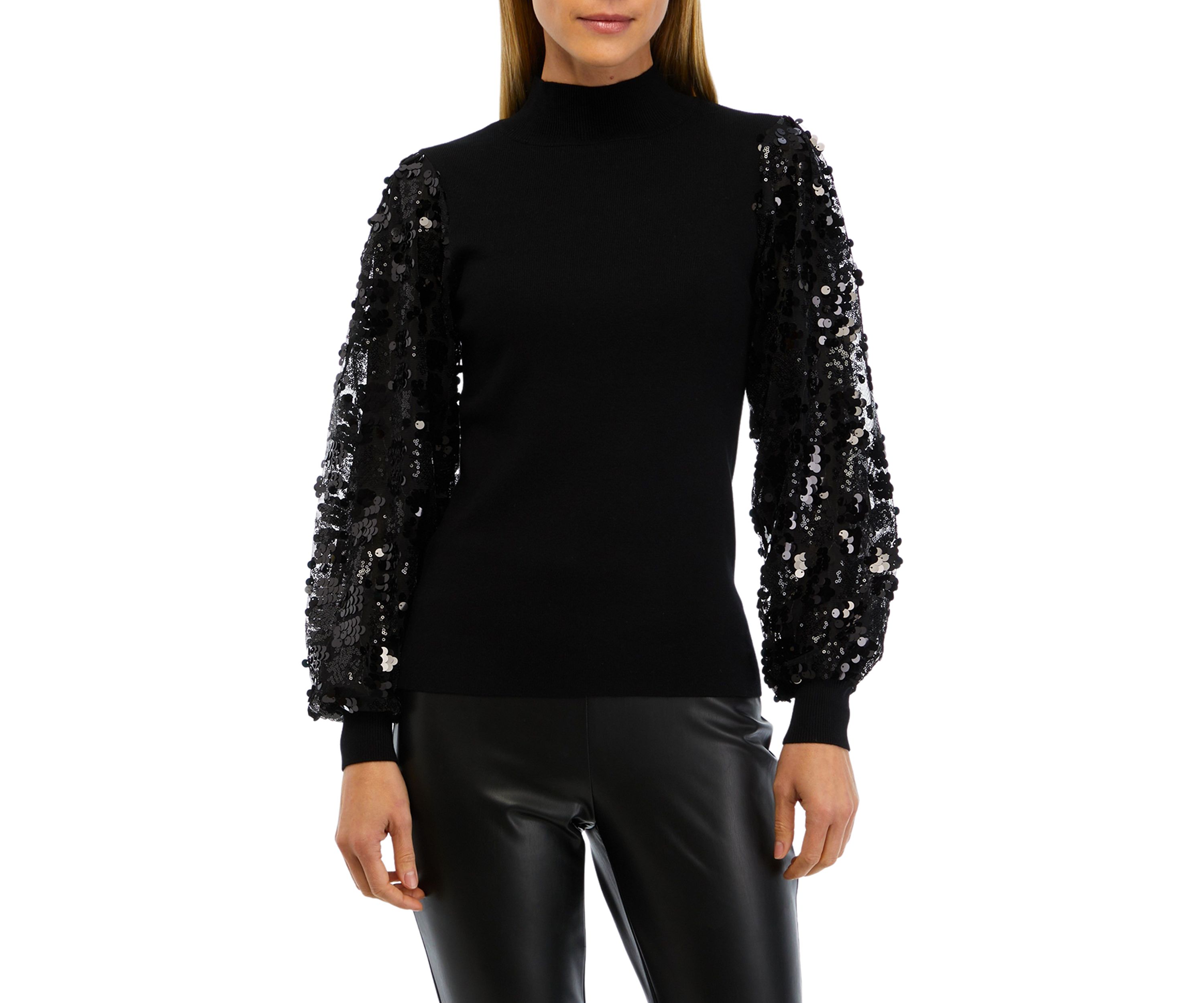 Womens Sequin Sleeve Mock Neck Sweater