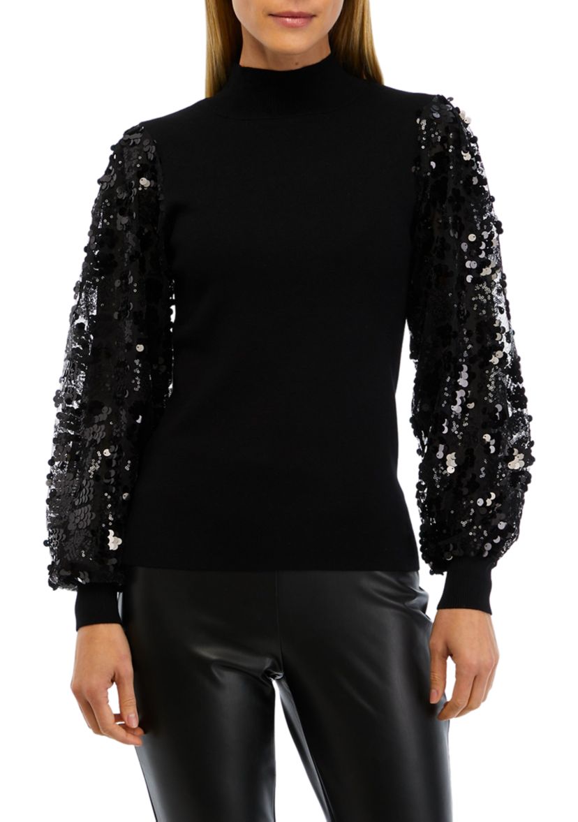 Womens Sequin Sleeve Mock Neck Sweater
