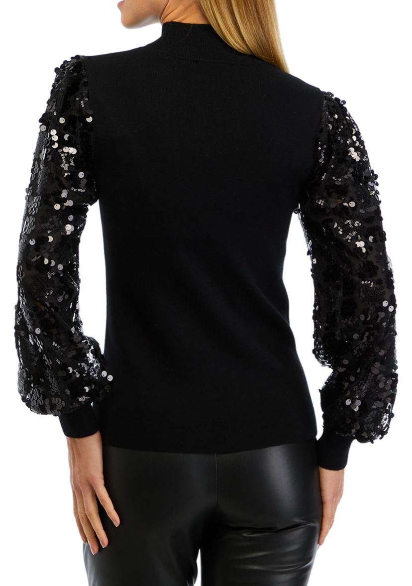 Womens Sequin Sleeve Mock Neck Sweater