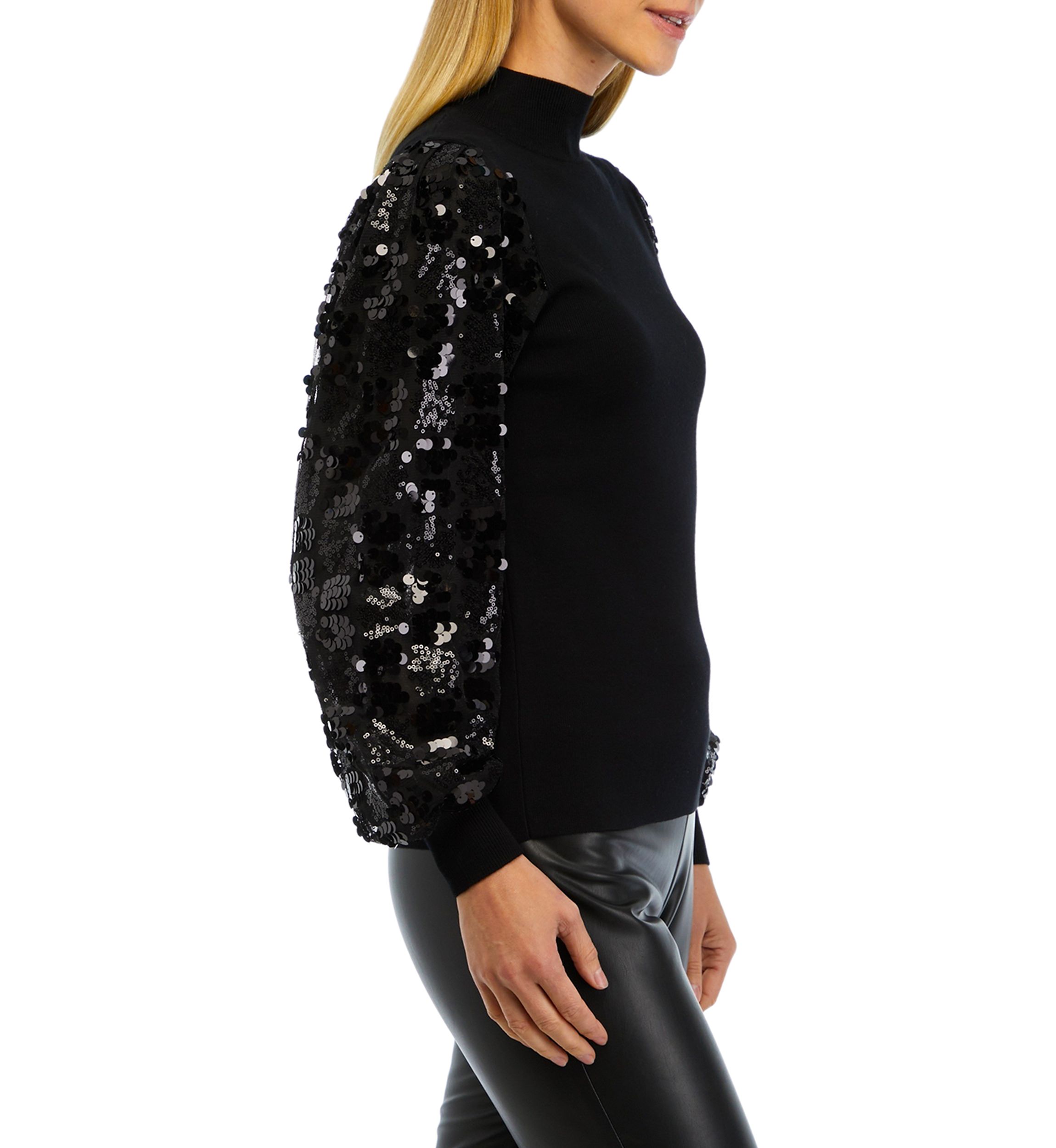 Womens Sequin Sleeve Mock Neck Sweater