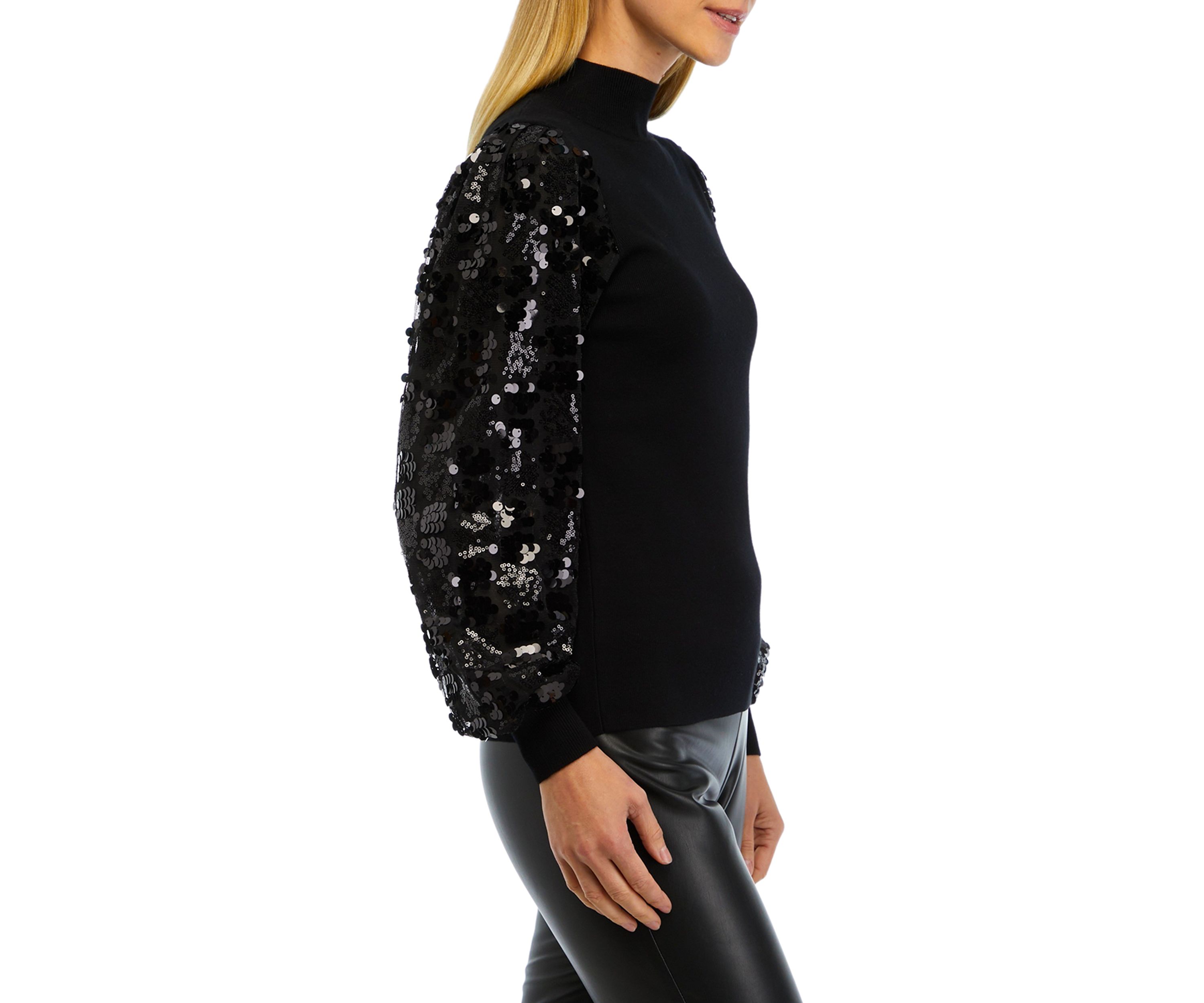 Womens Sequin Sleeve Mock Neck Sweater