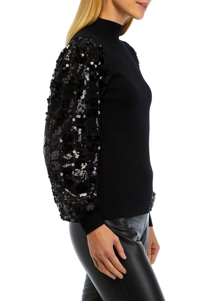 Womens Sequin Sleeve Mock Neck Sweater