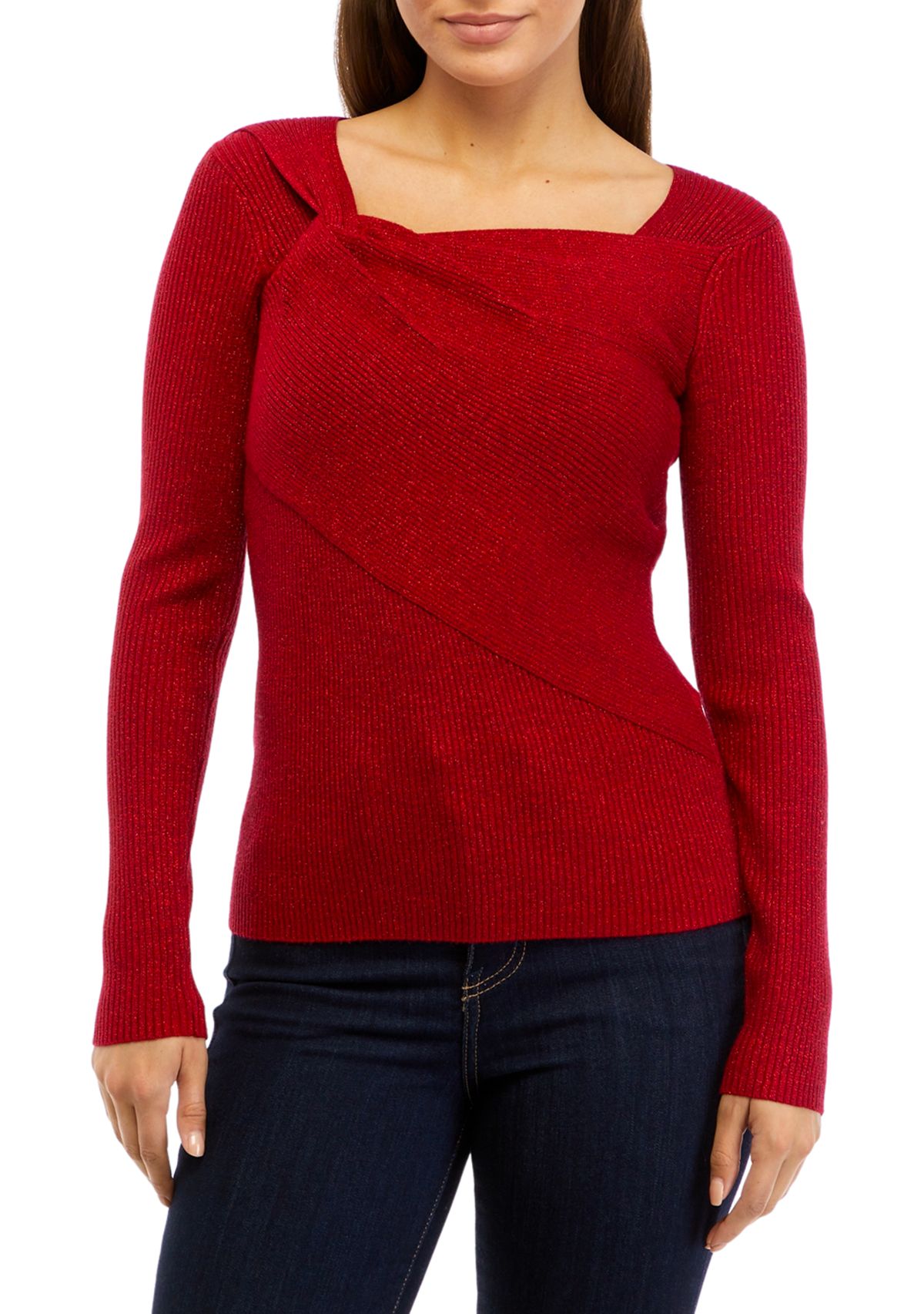 Petite Long Sleeve Asymmetrical Neck Ribbed Sweater 