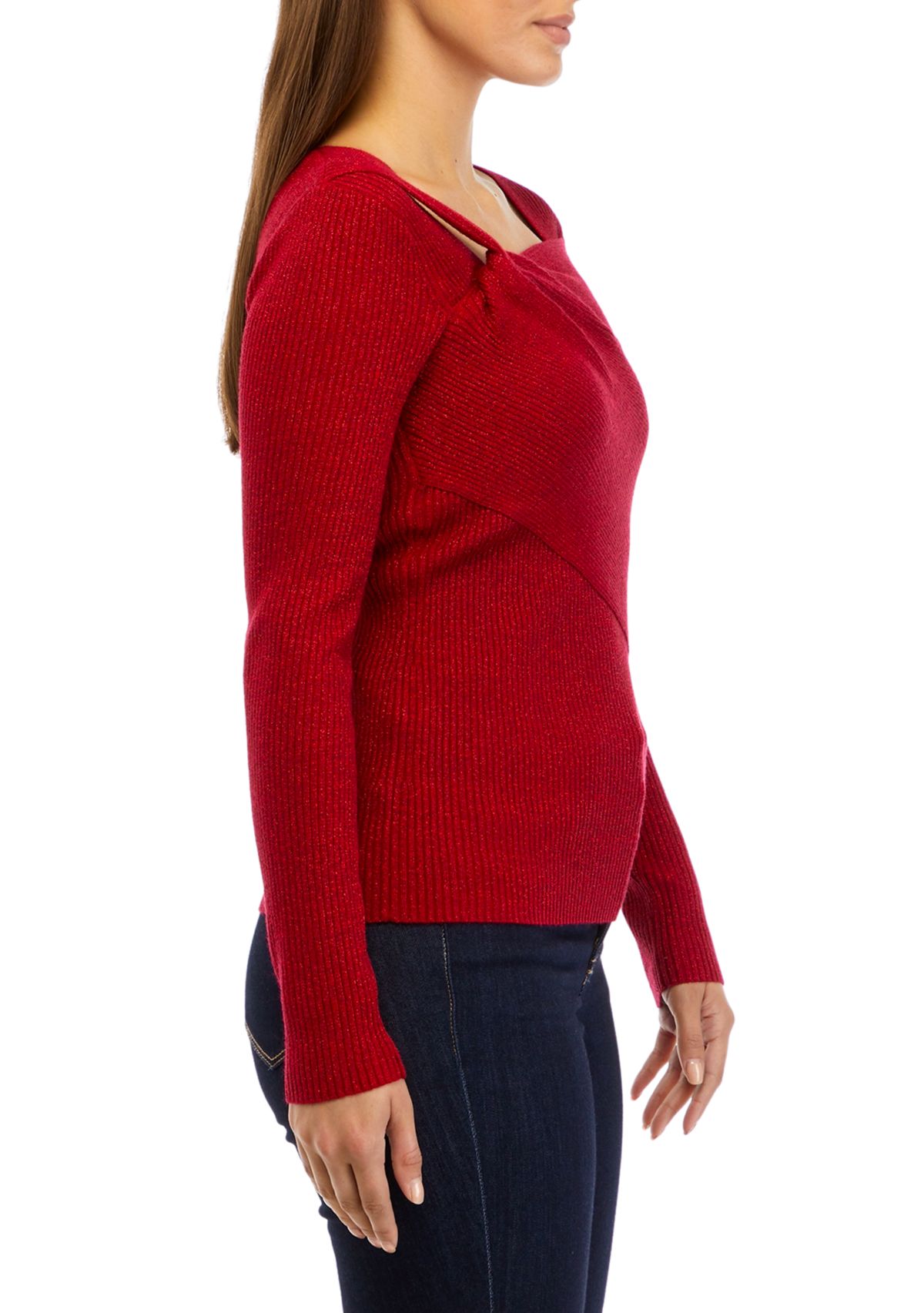Petite Long Sleeve Asymmetrical Neck Ribbed Sweater 