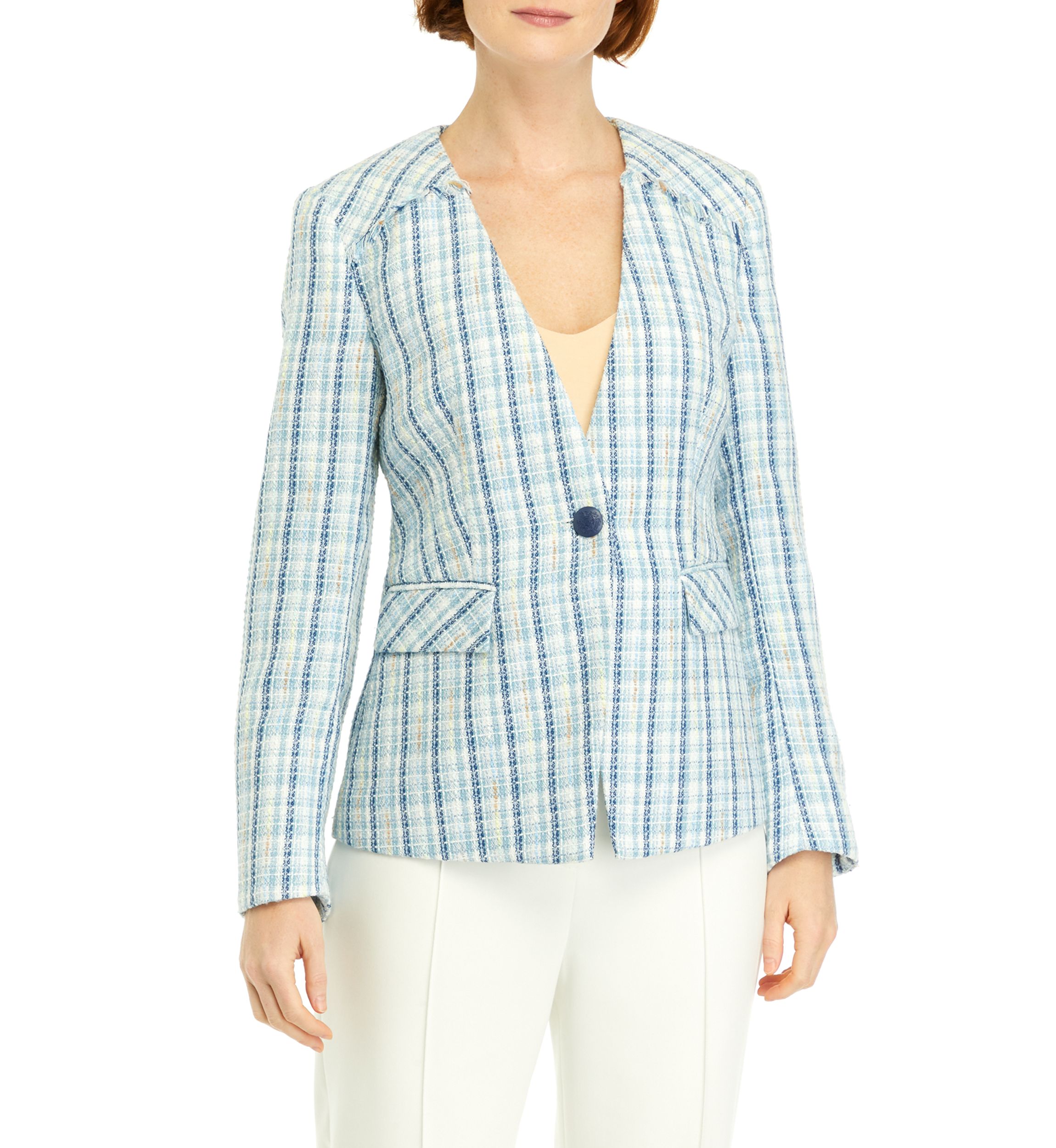 Womens Collarless One Button Tweed Jacket