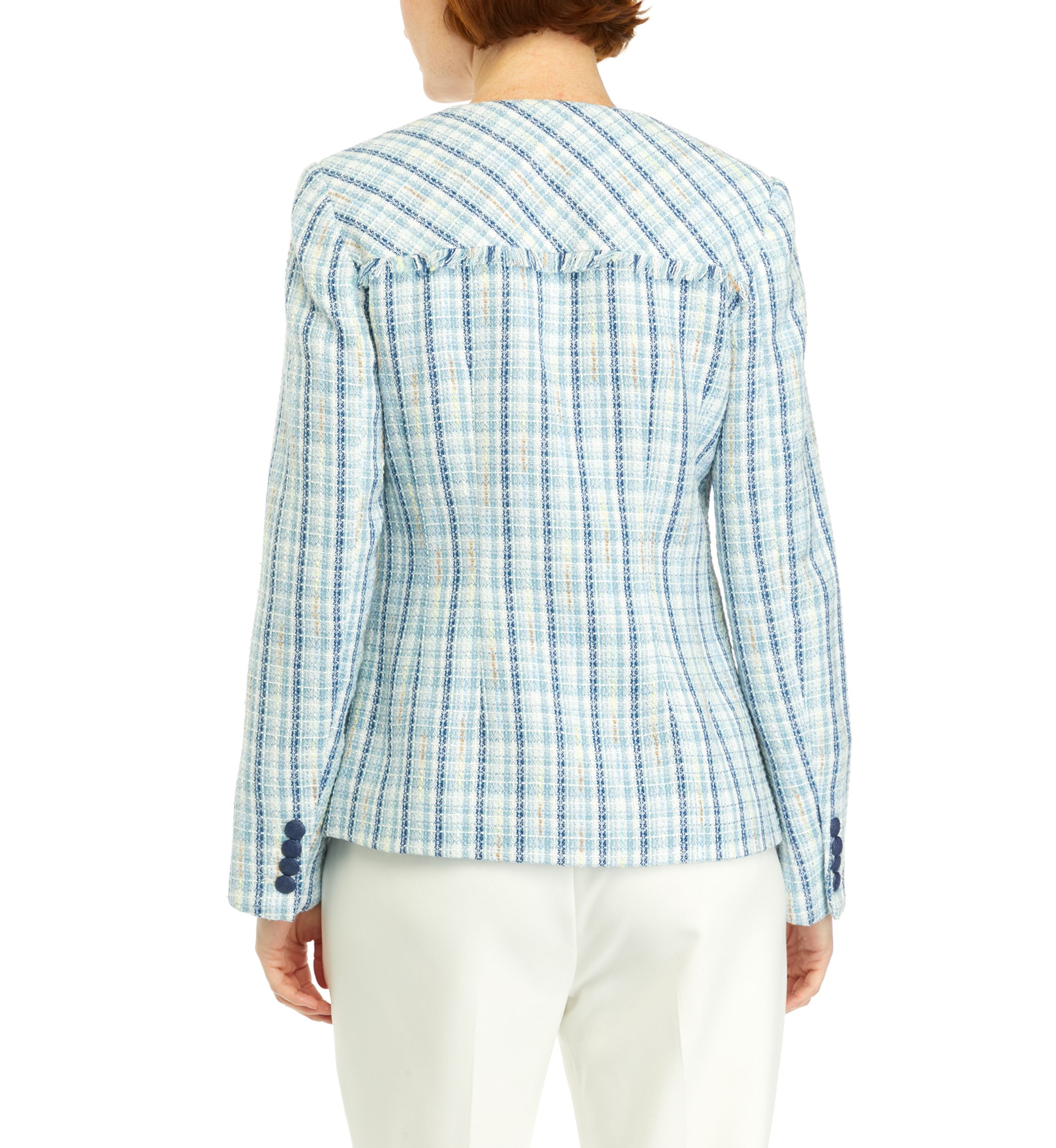 Womens Collarless One Button Tweed Jacket