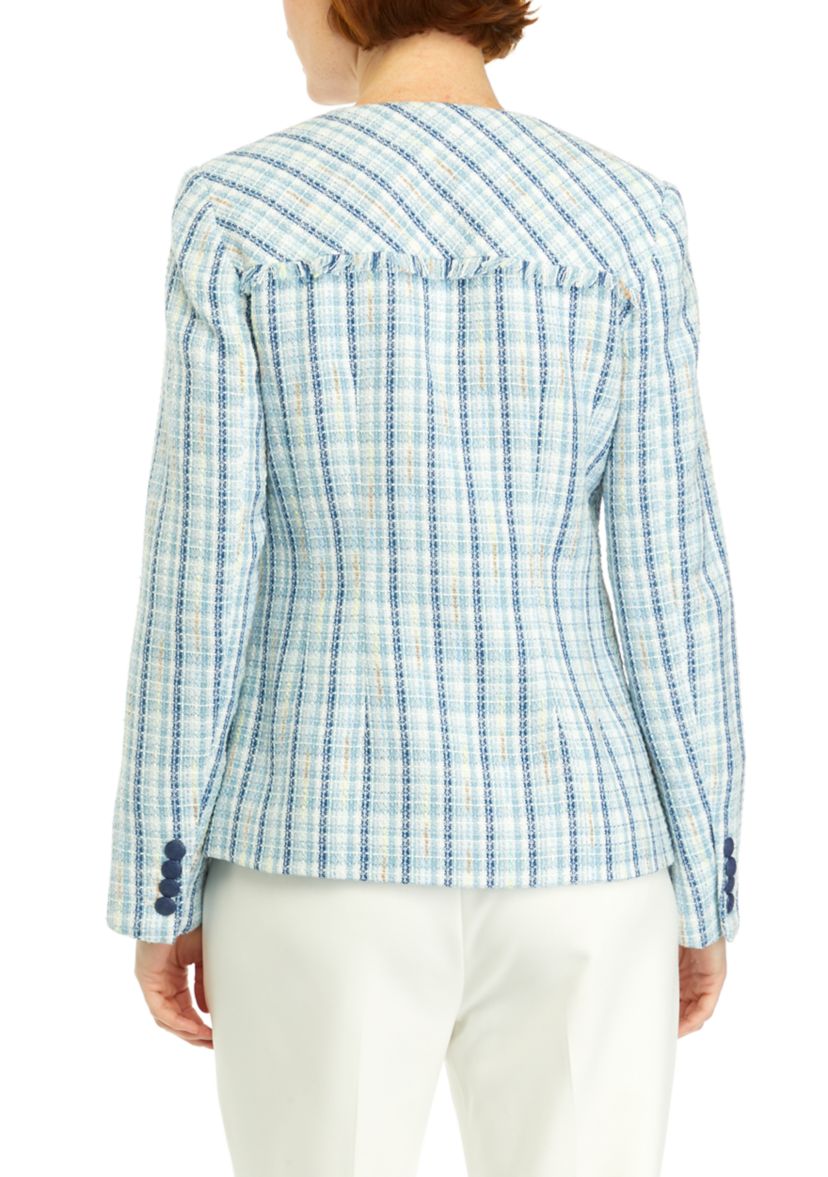 Womens Collarless One Button Tweed Jacket