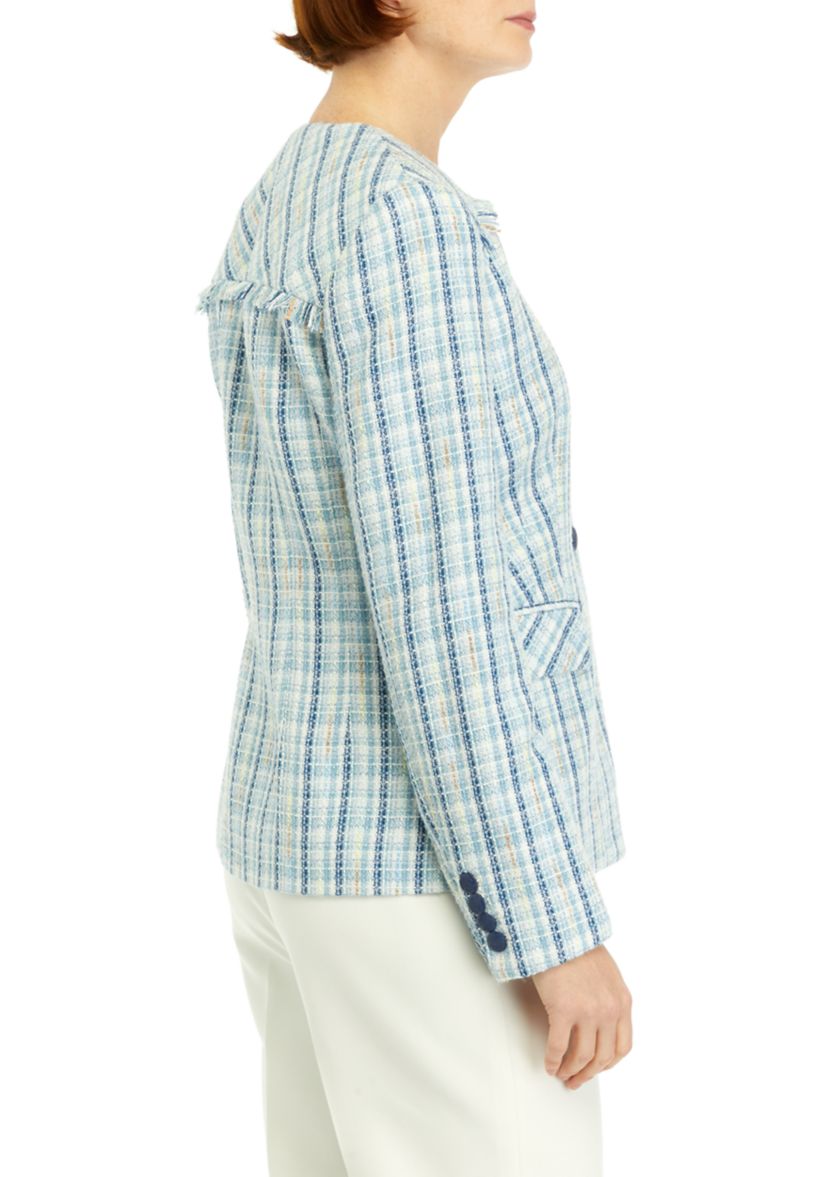 Womens Collarless One Button Tweed Jacket