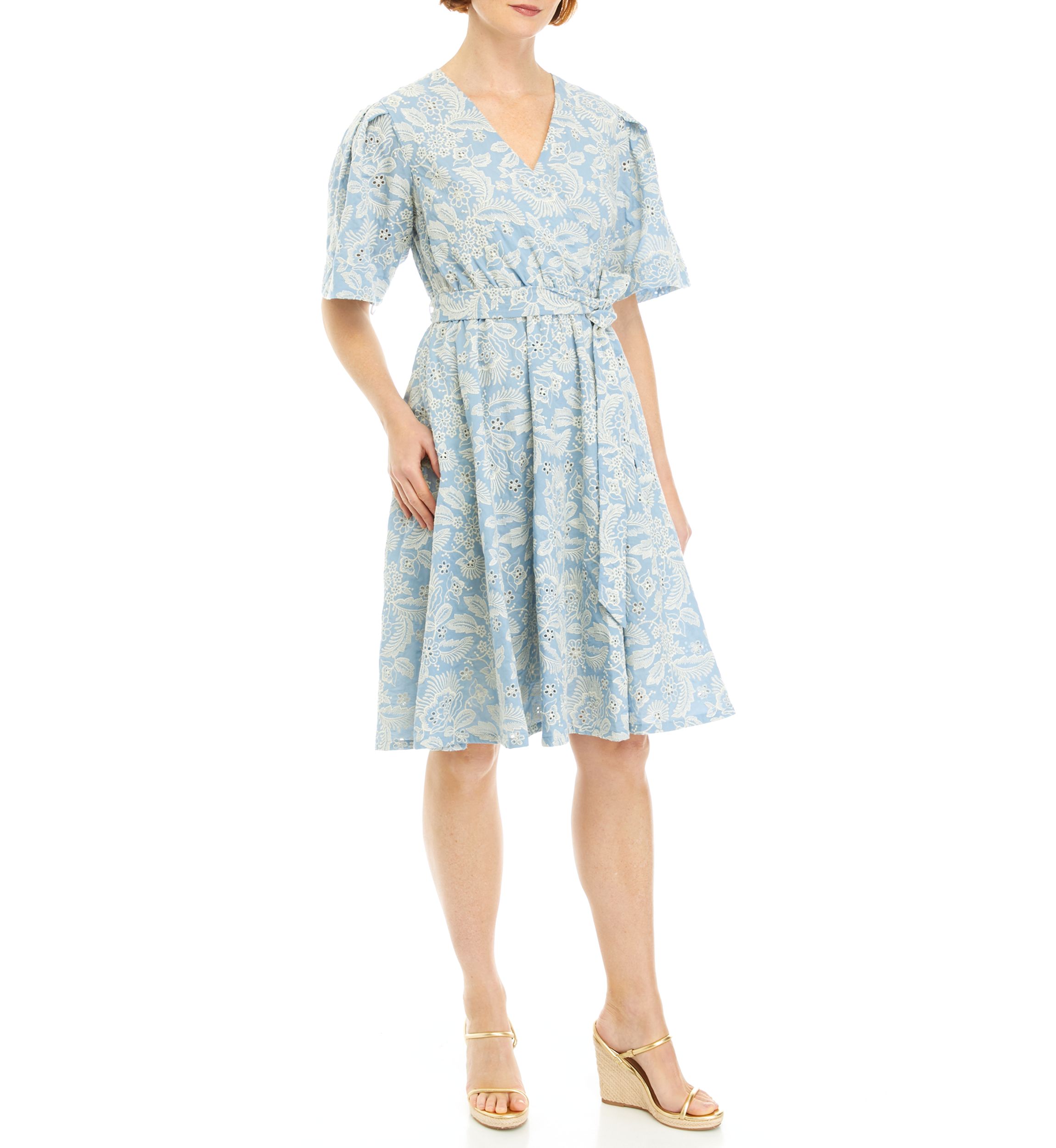 Womens Printed Eyelet Wrap Dress