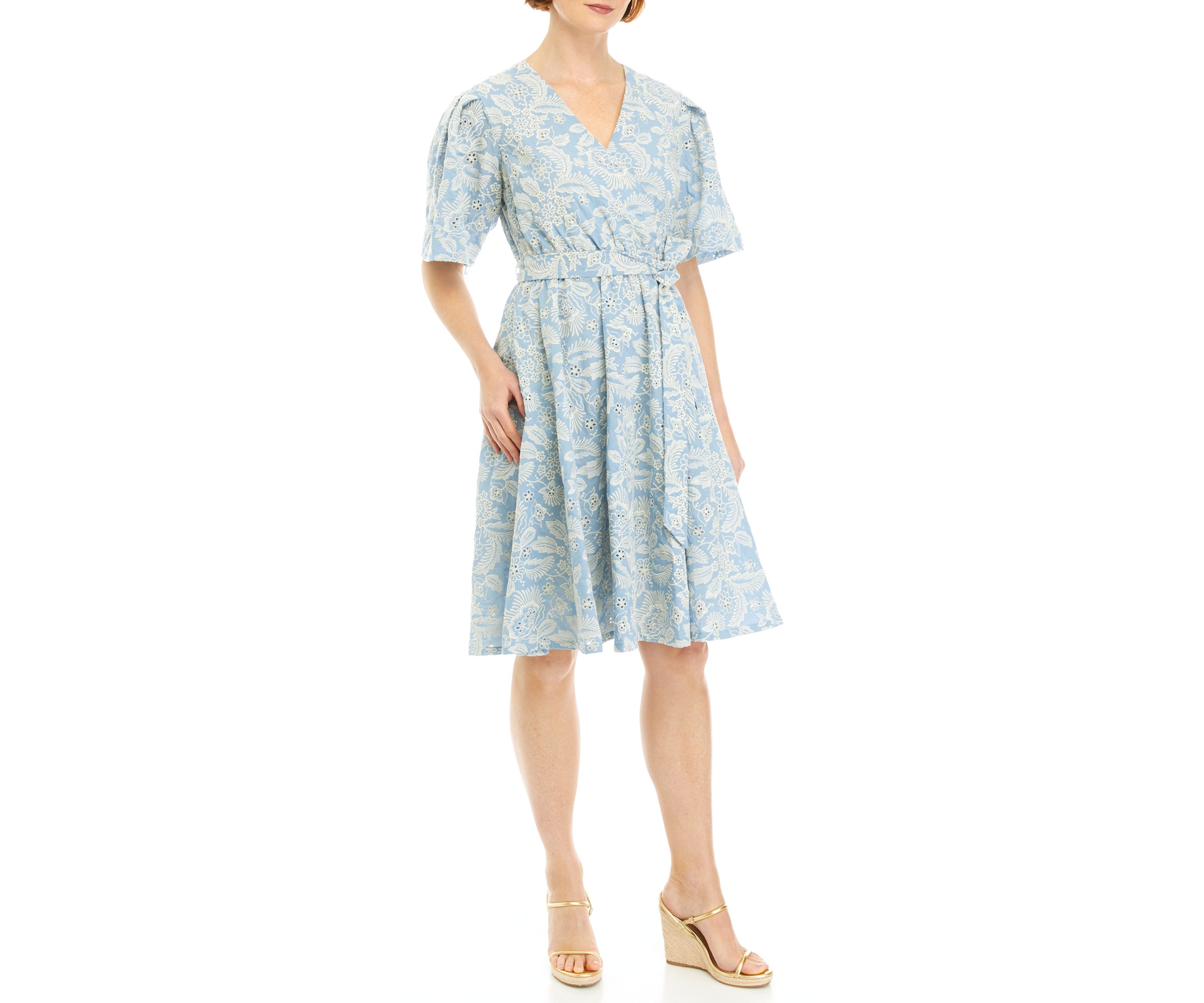 Womens Printed Eyelet Wrap Dress