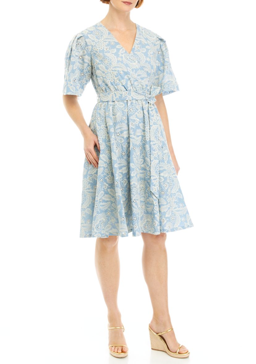Womens Printed Eyelet Wrap Dress