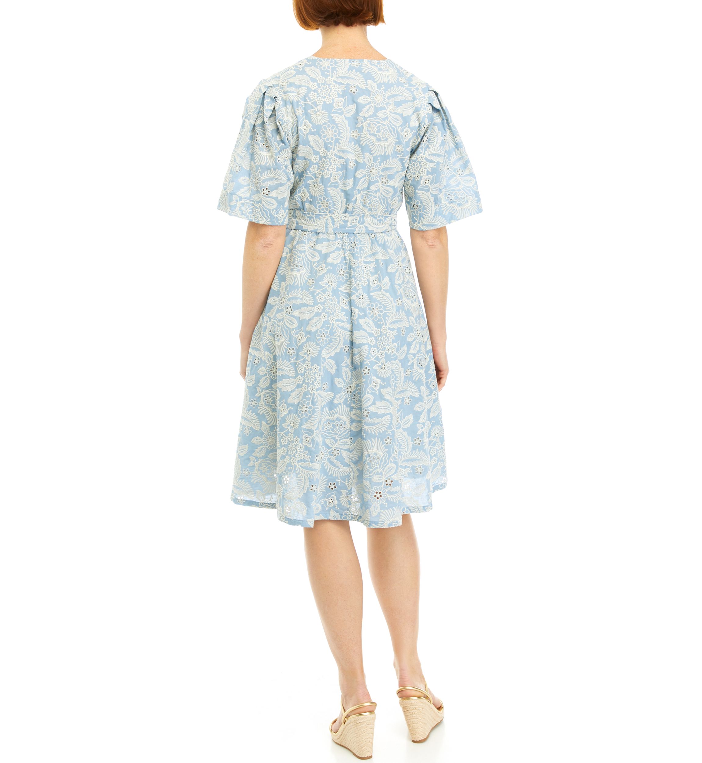 Womens Printed Eyelet Wrap Dress