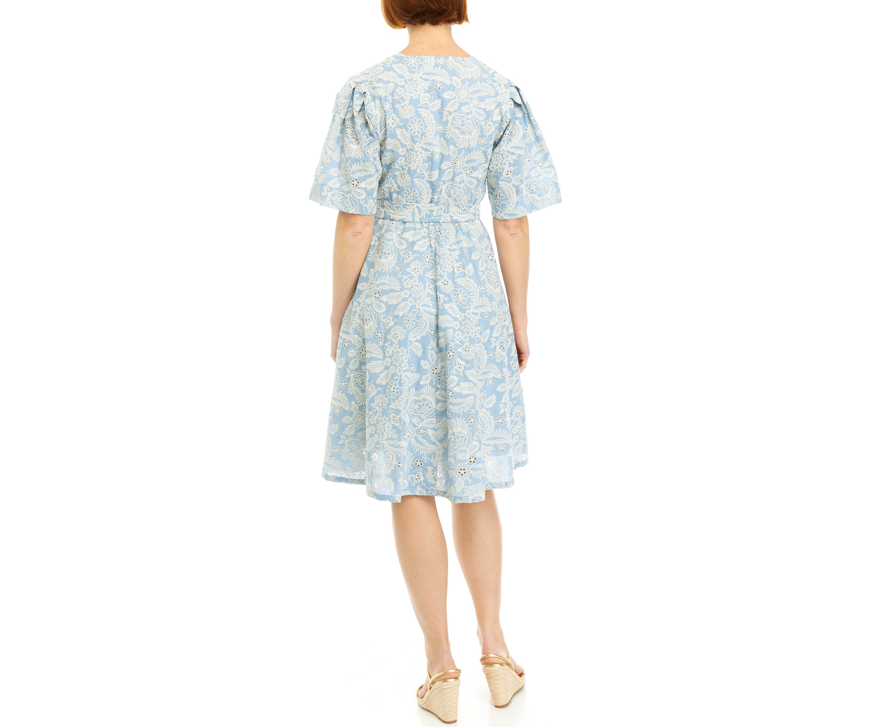 Womens Printed Eyelet Wrap Dress