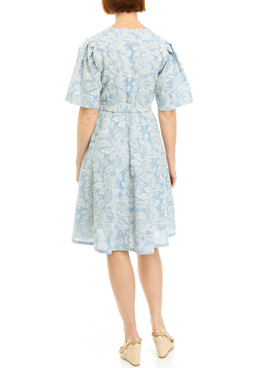 Womens Printed Eyelet Wrap Dress