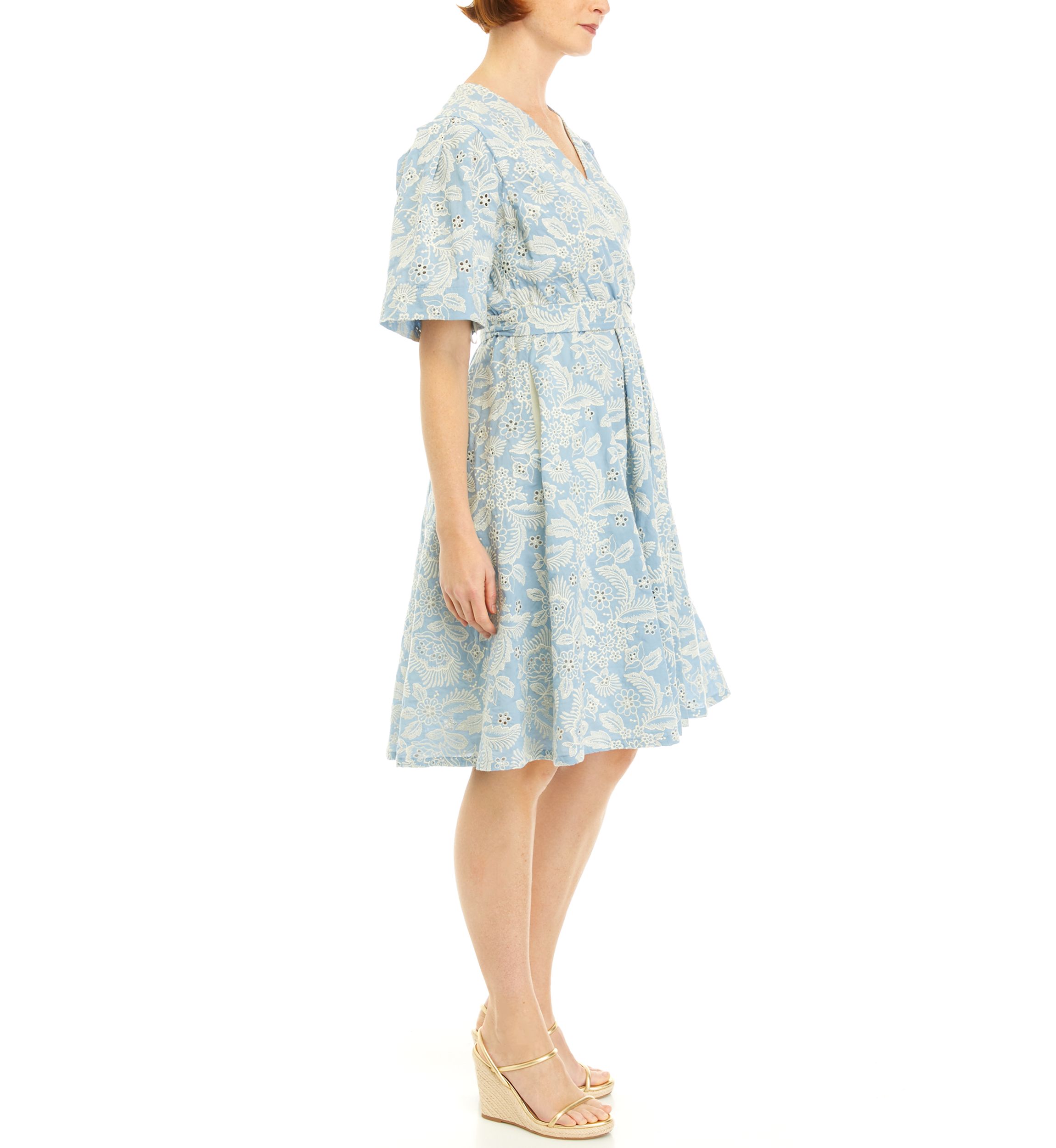 Womens Printed Eyelet Wrap Dress
