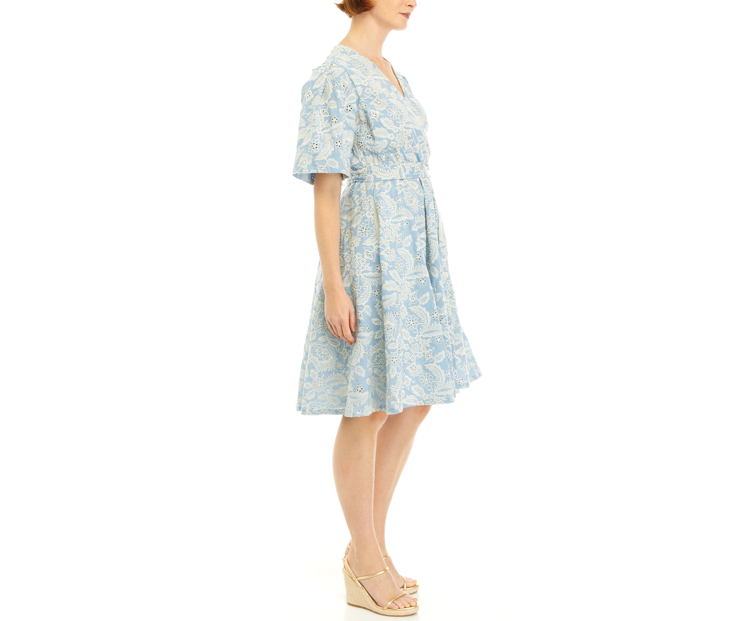 Womens Printed Eyelet Wrap Dress