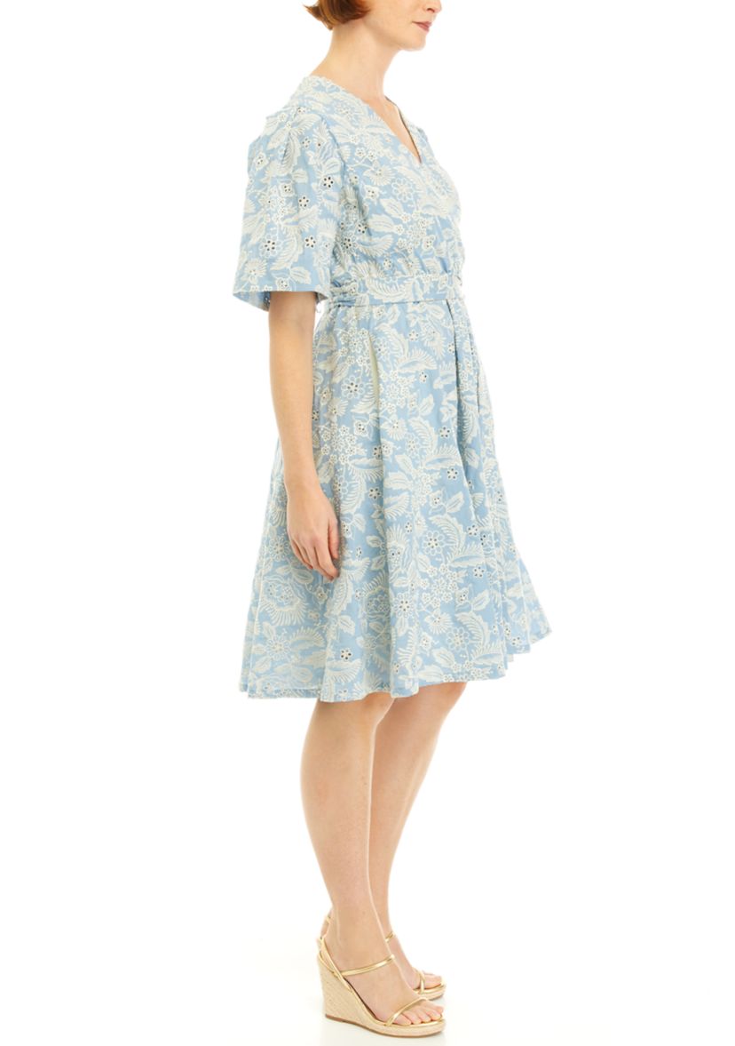 Womens Printed Eyelet Wrap Dress